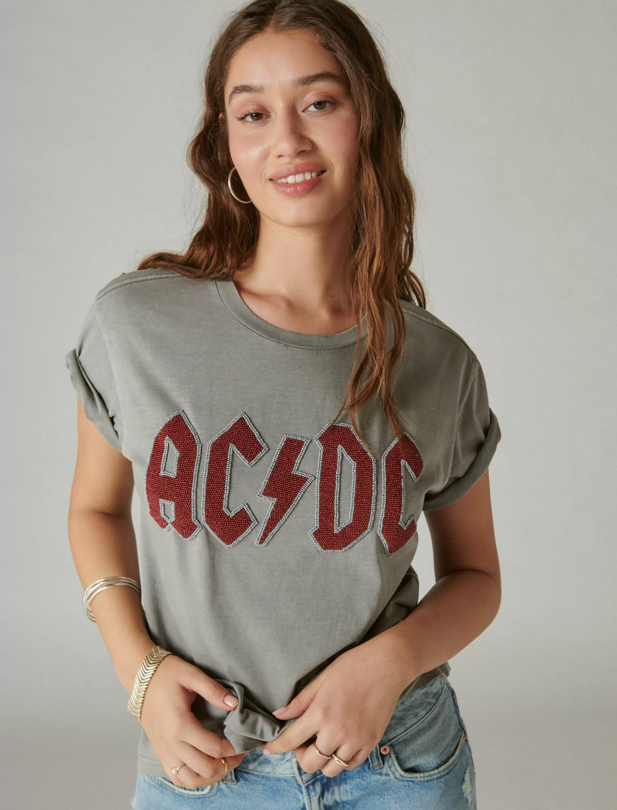 Lucky Brand Graphic Tees*acdc beaded boyfriend tee castle rock