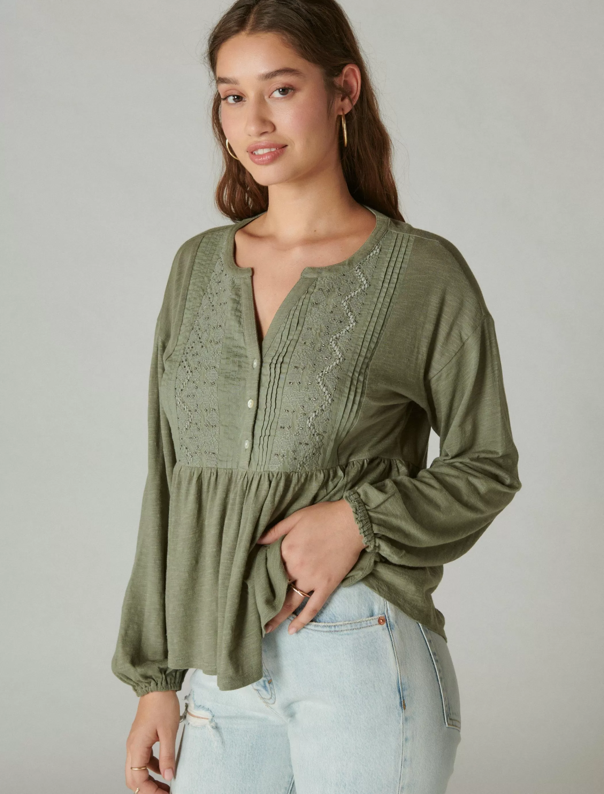 Lucky Brand Knit Tops | Blouses*beaded embroidered pintuck peplum top balsam green