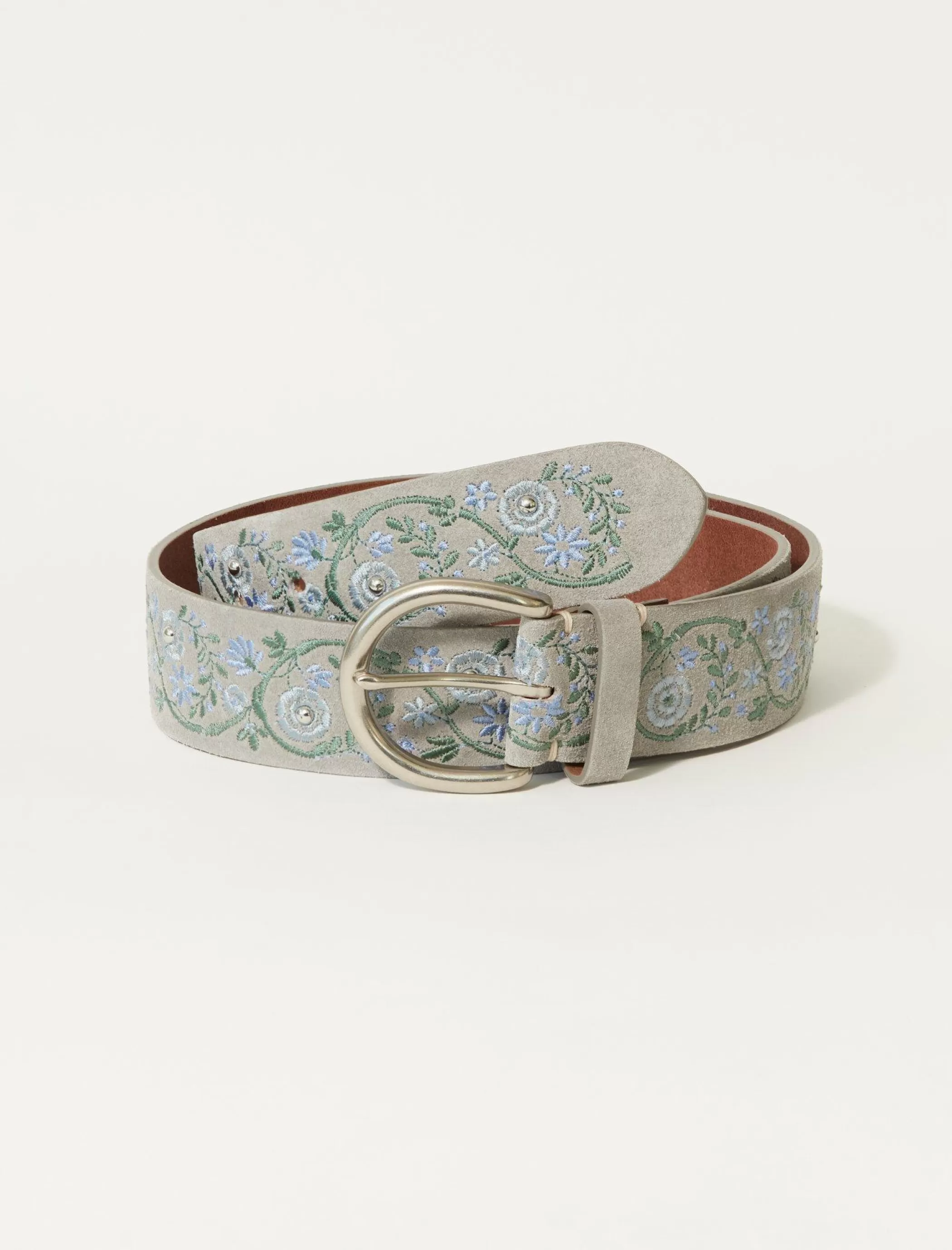 Lucky Brand Belts*blue floral embroidered belt heather gry/green/gold