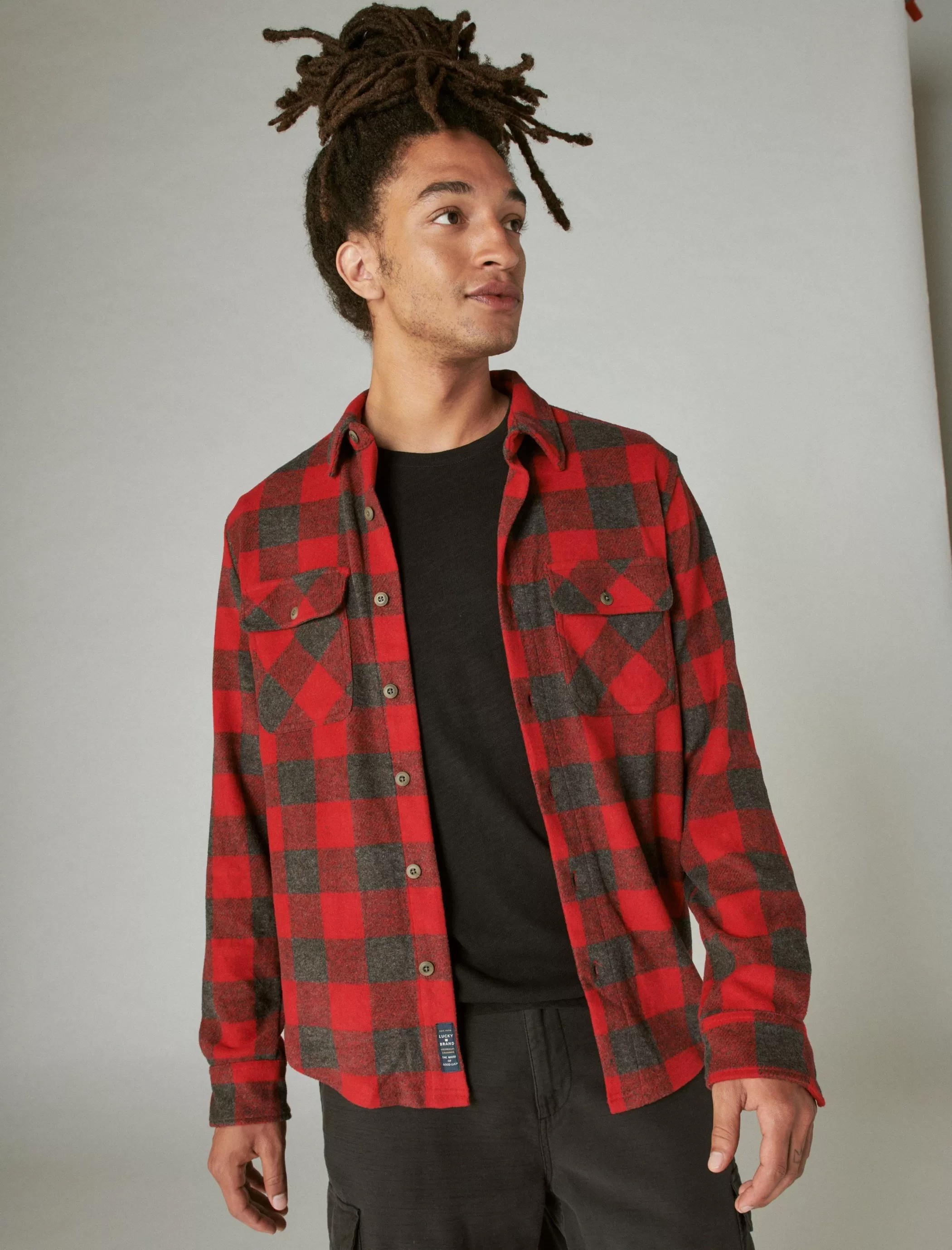 Lucky Brand Button-Downs*buffalo plaid knit shirting red multi