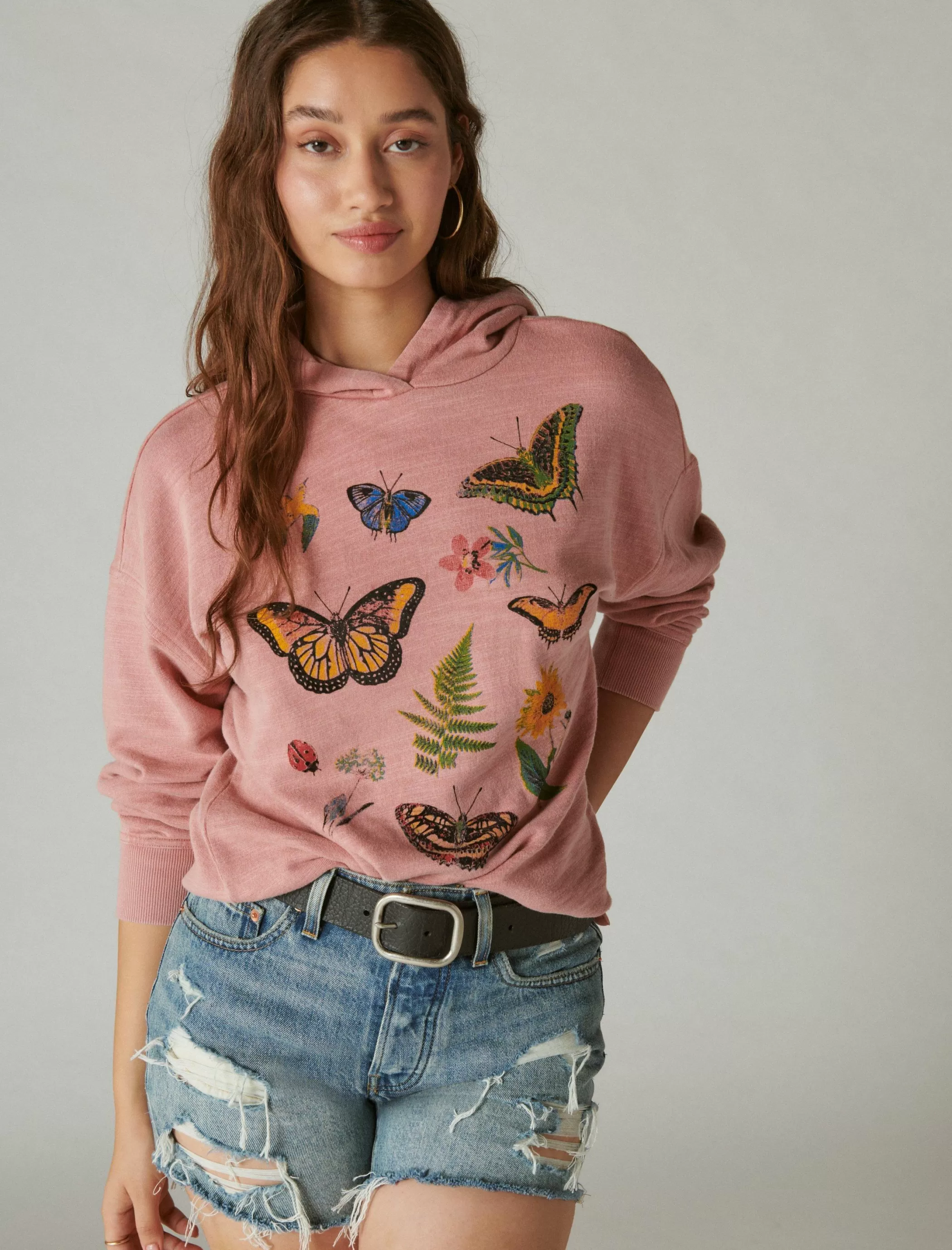 Lucky Brand Activewear*butterfly floral motif pullover antler