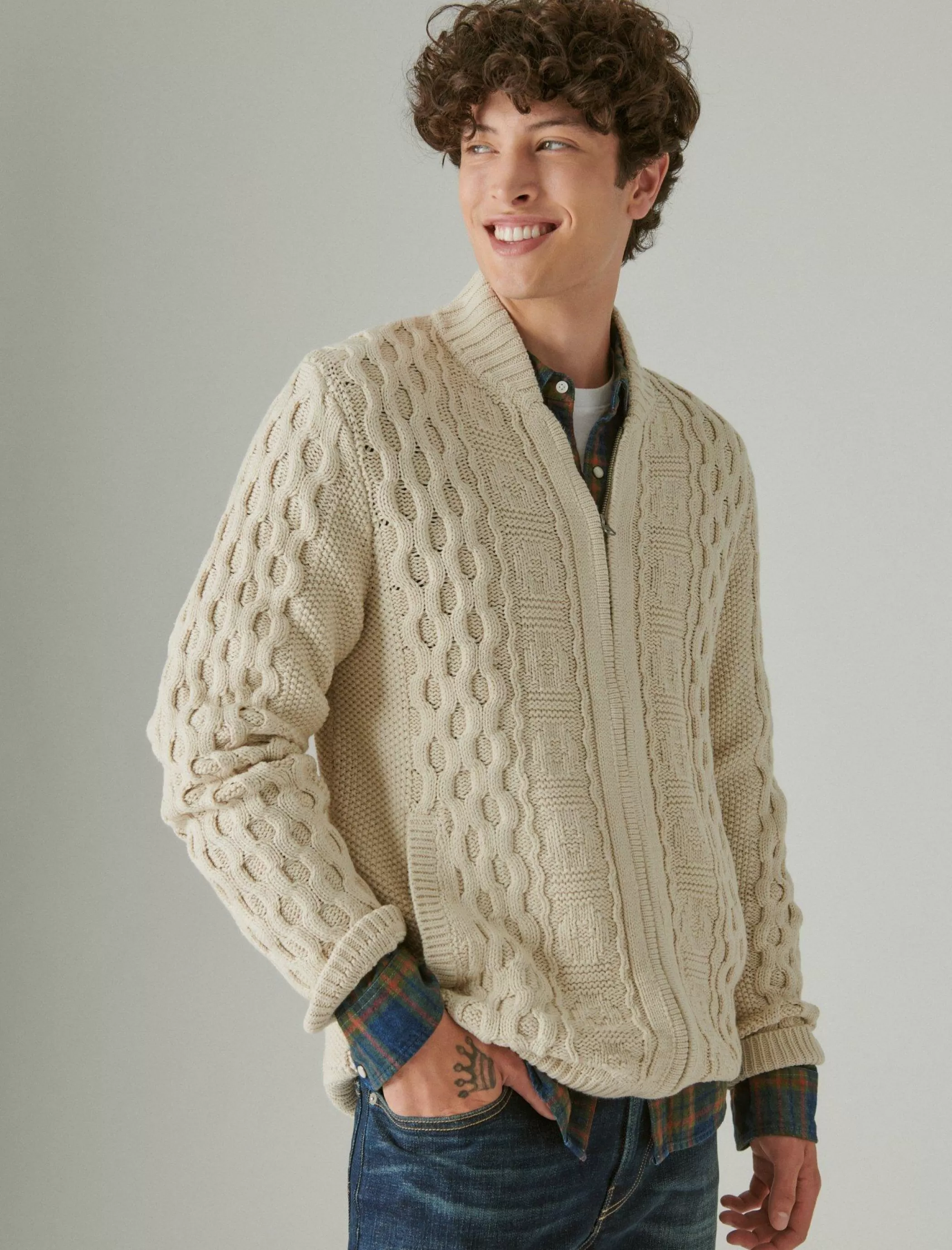 Lucky Brand Sweaters*cable zip up cardigan cream