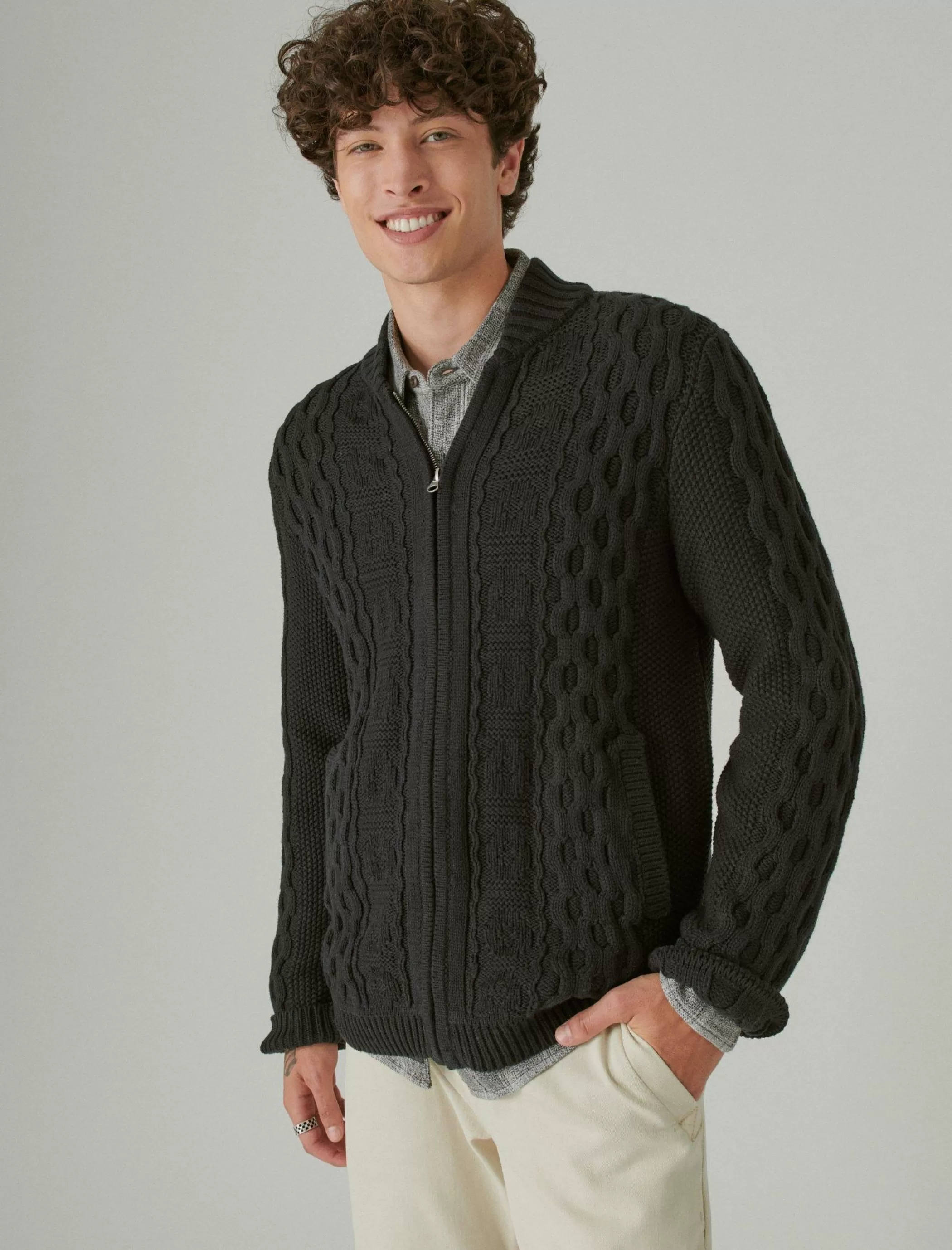 Lucky Brand Sweaters*cable zip up cardigan #001 black