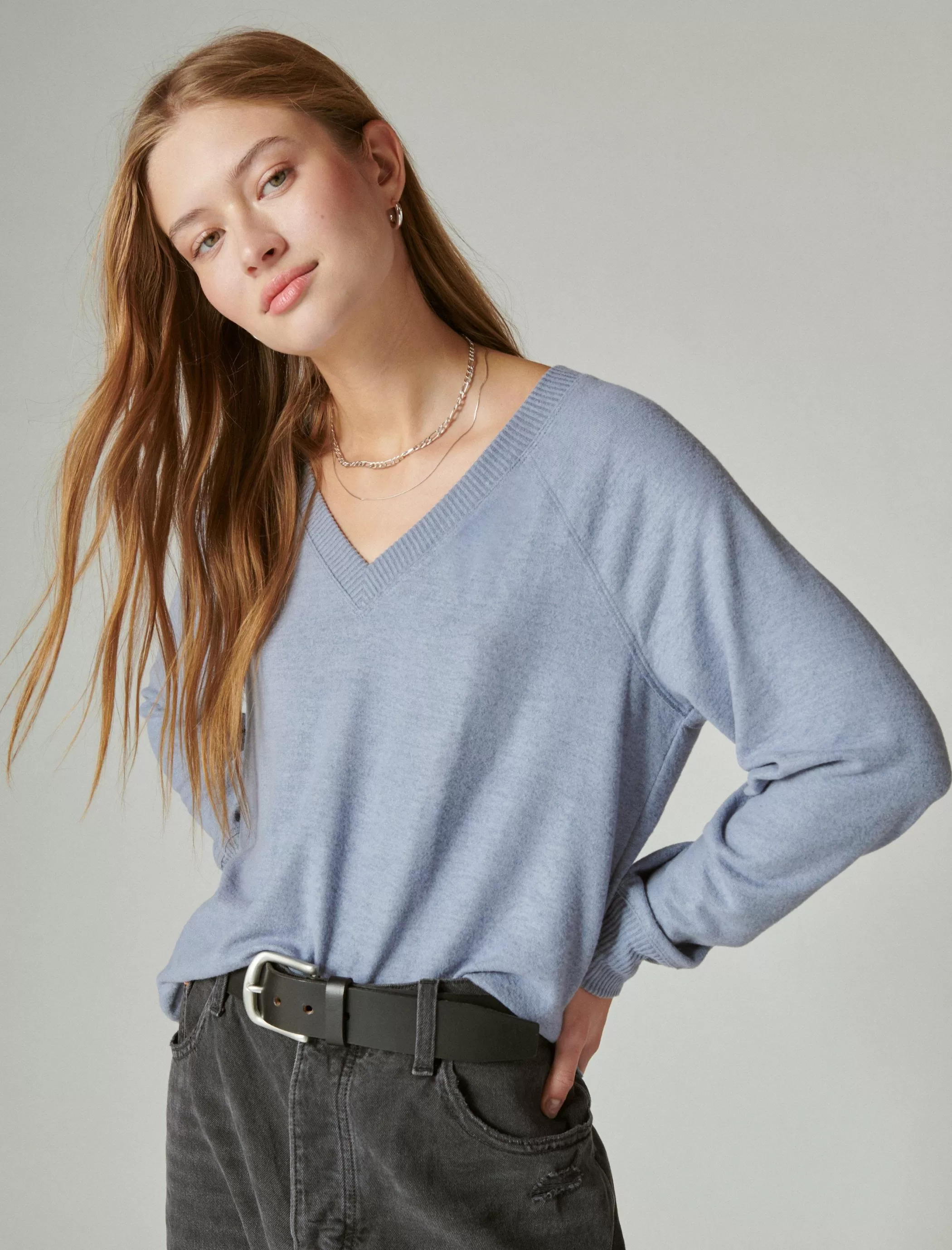 Lucky Brand Activewear*cloud jersey long sleeve v neck flint stone