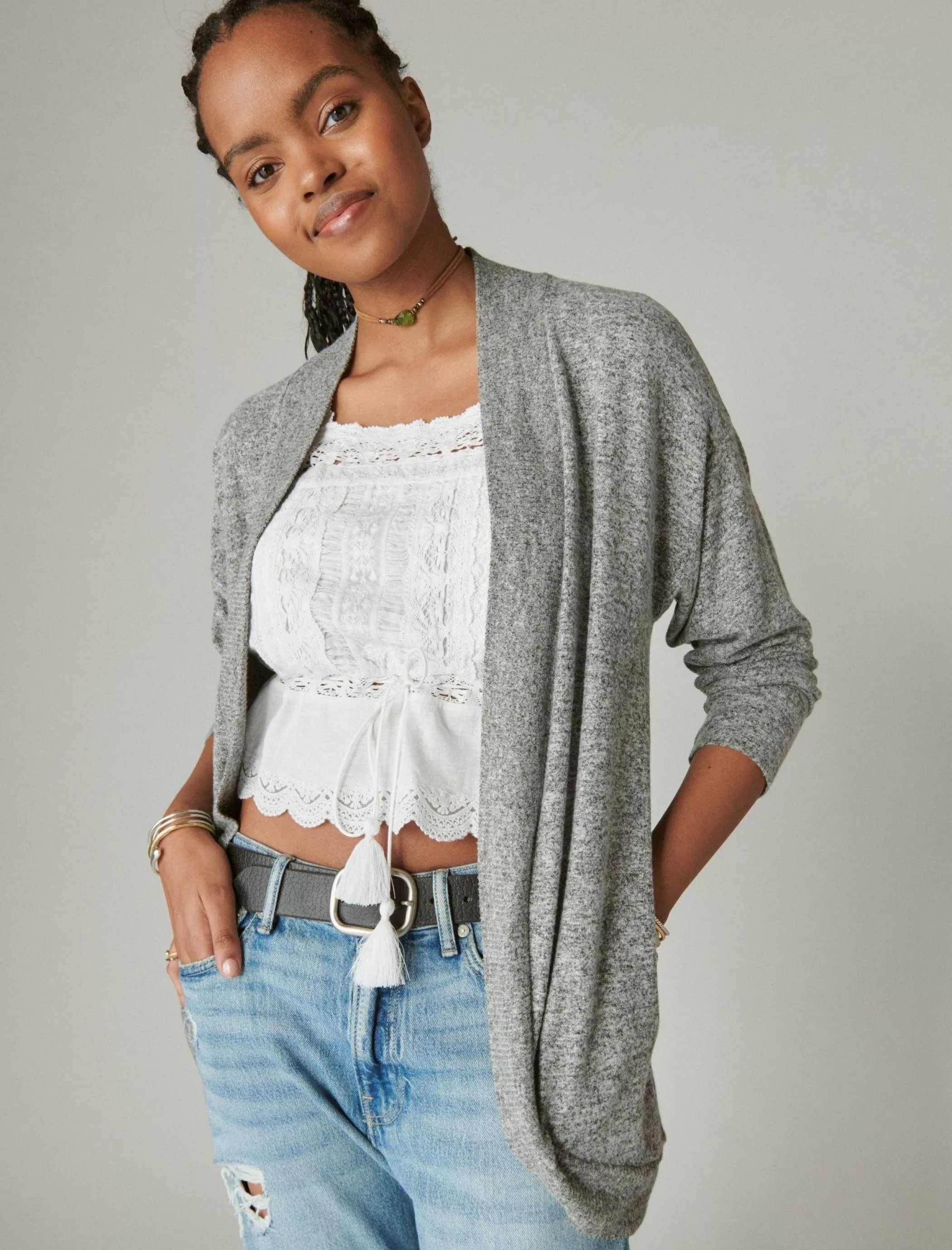 Lucky Brand Activewear*cloud jersey shawl collar cardigan medium heather gray