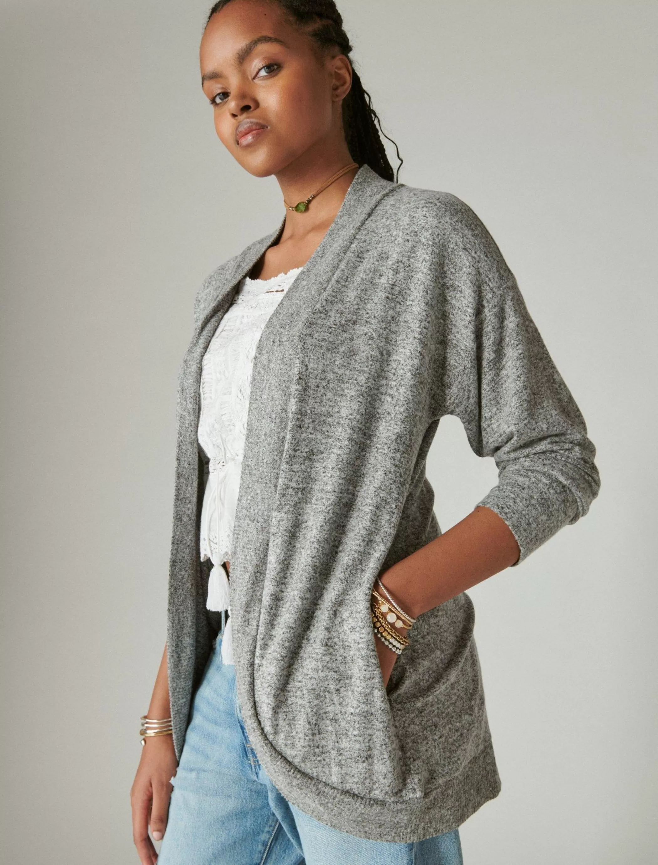 Lucky Brand Activewear*cloud jersey shawl collar cardigan medium heather gray