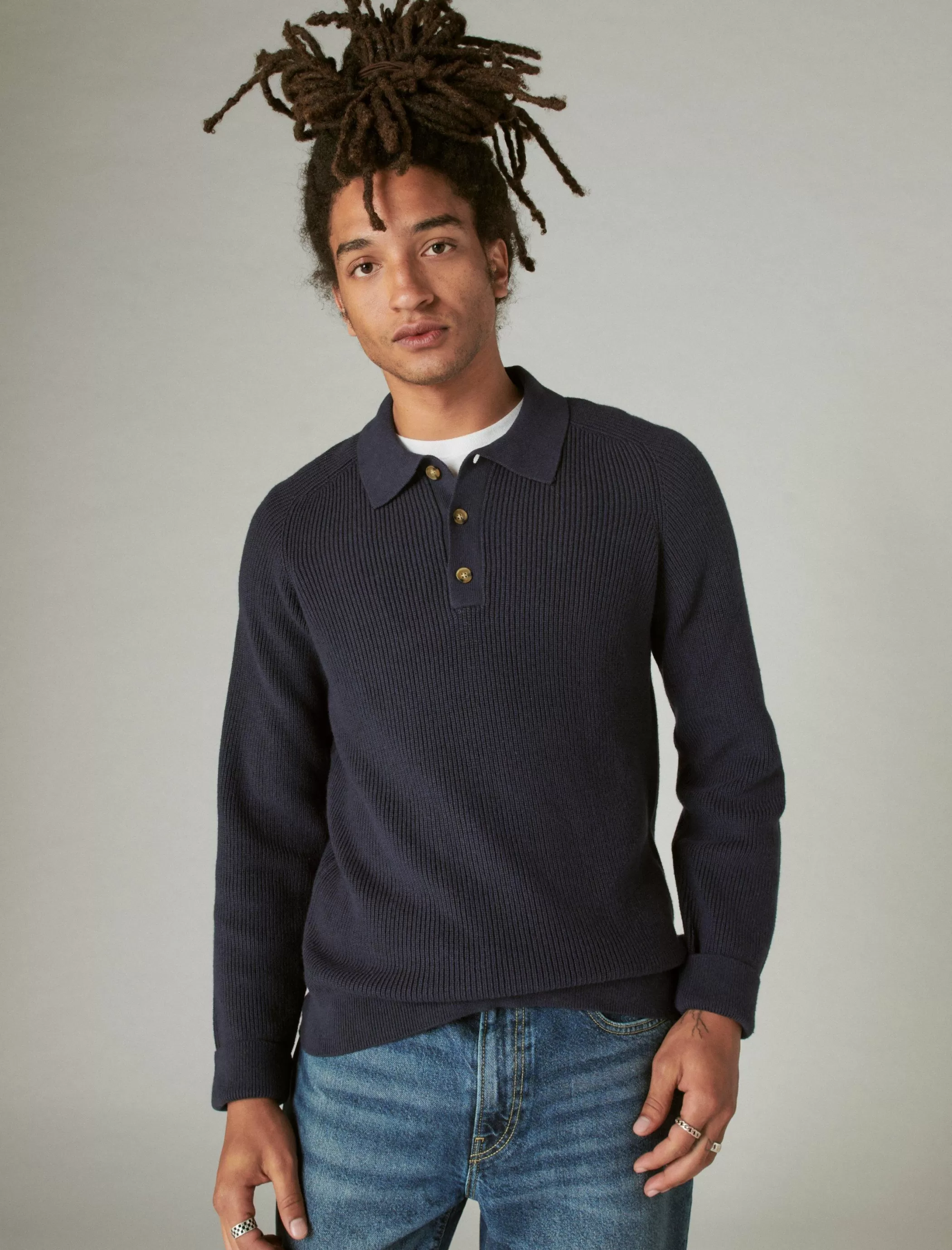 Lucky Brand Sweaters*cloud soft polo sweater cadet navy