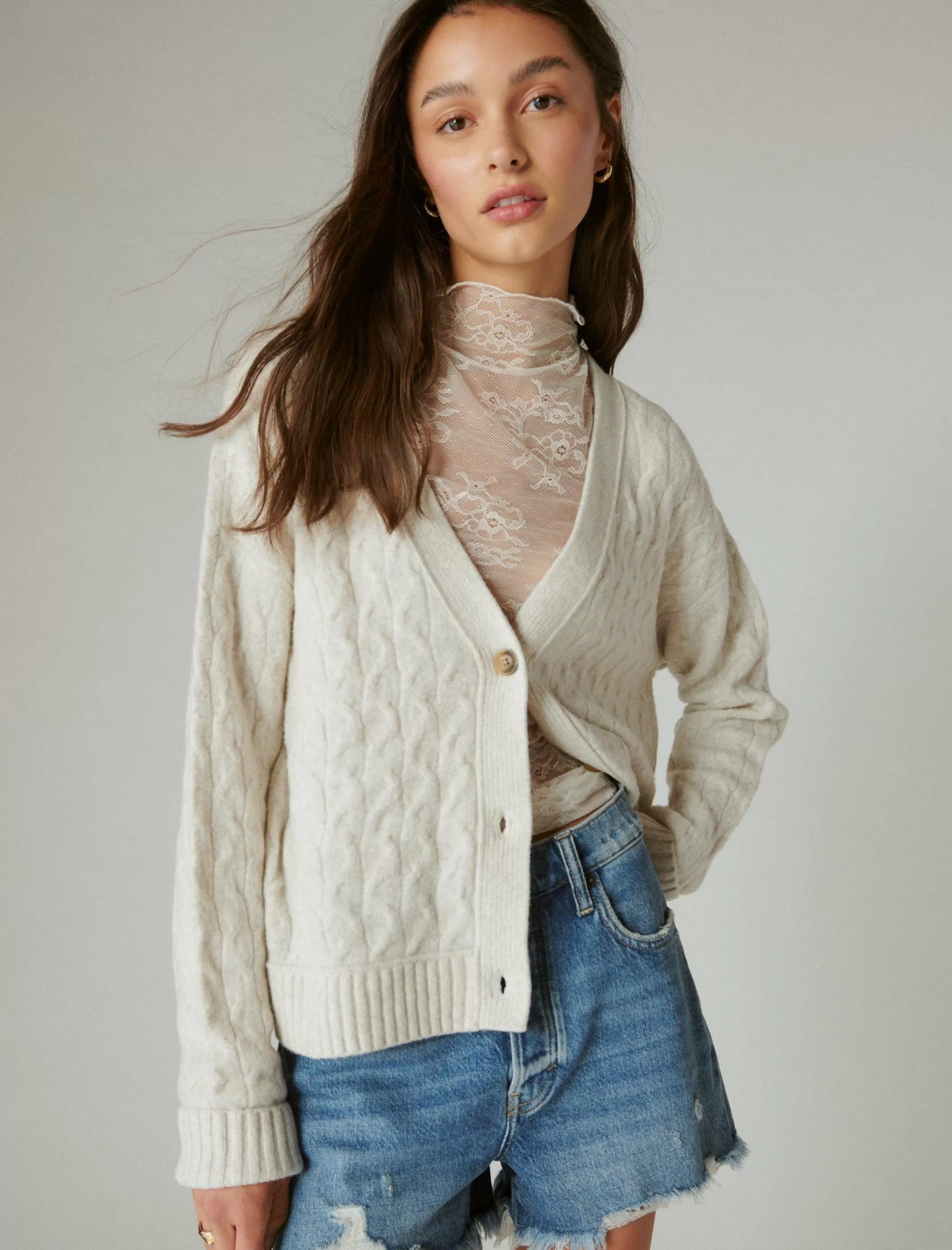 Lucky Brand Sweaters & Sweatshirts*cozy cable stitch cardigan straw heather