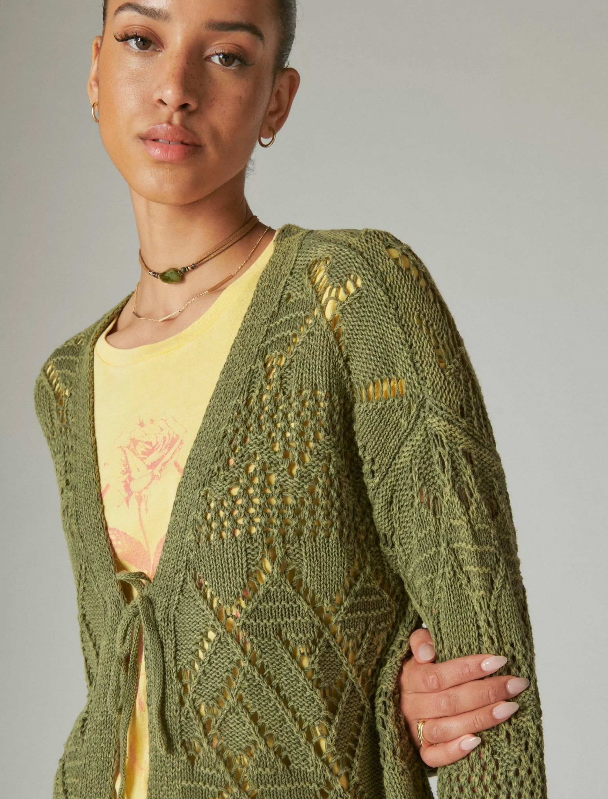 Lucky Brand Sweaters & Sweatshirts*crochet tie front 3/4 sleeve cardigan four leaf clover acid wash