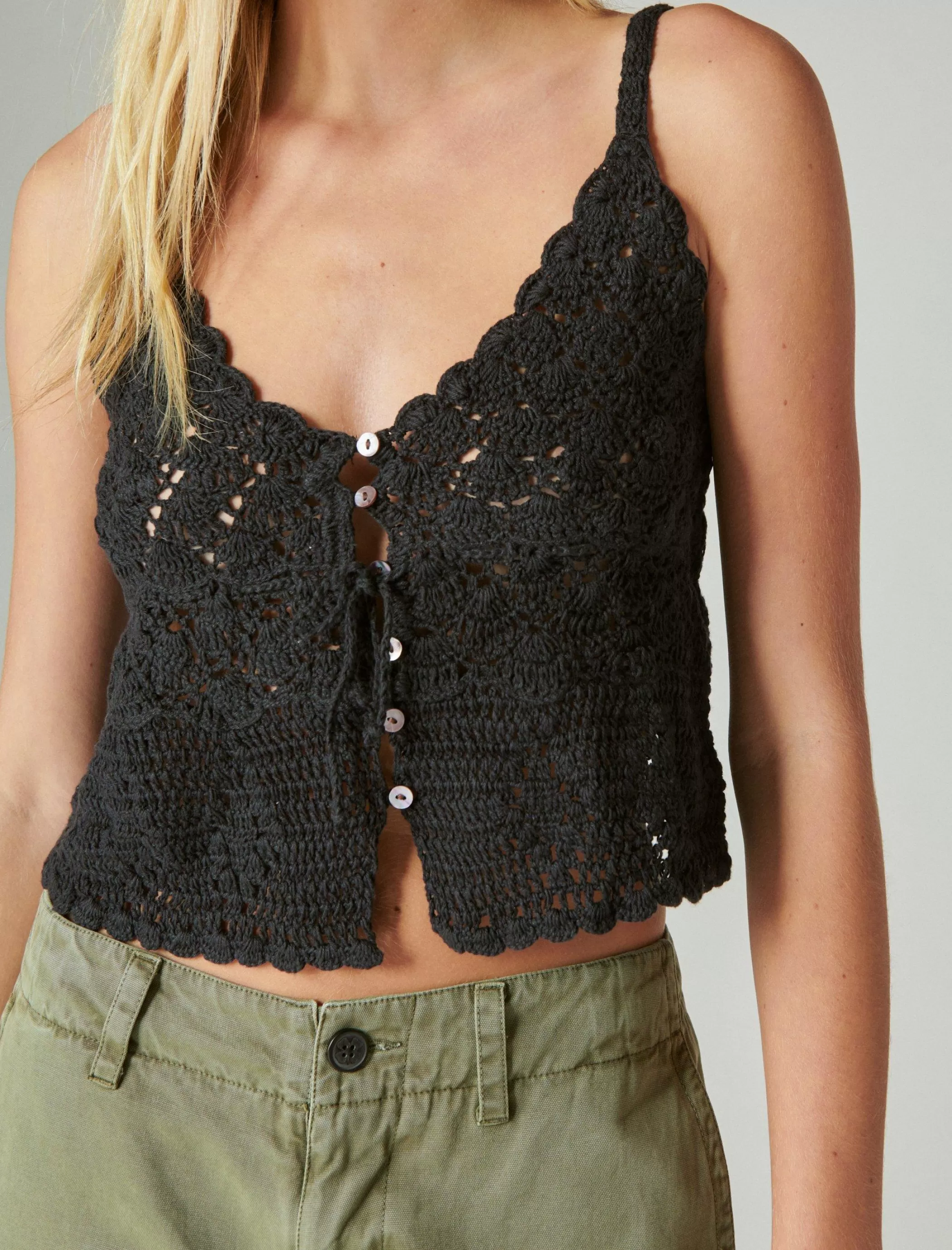 Lucky Brand Knit Tops*crochet tie front tank caviar