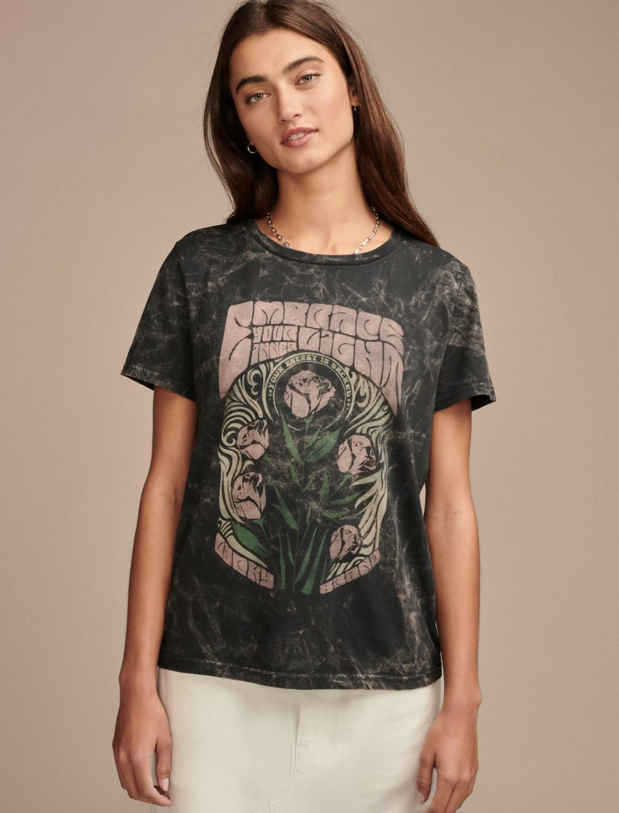 Lucky Brand Graphic Tees*embrace floral poster classic crew iron ore