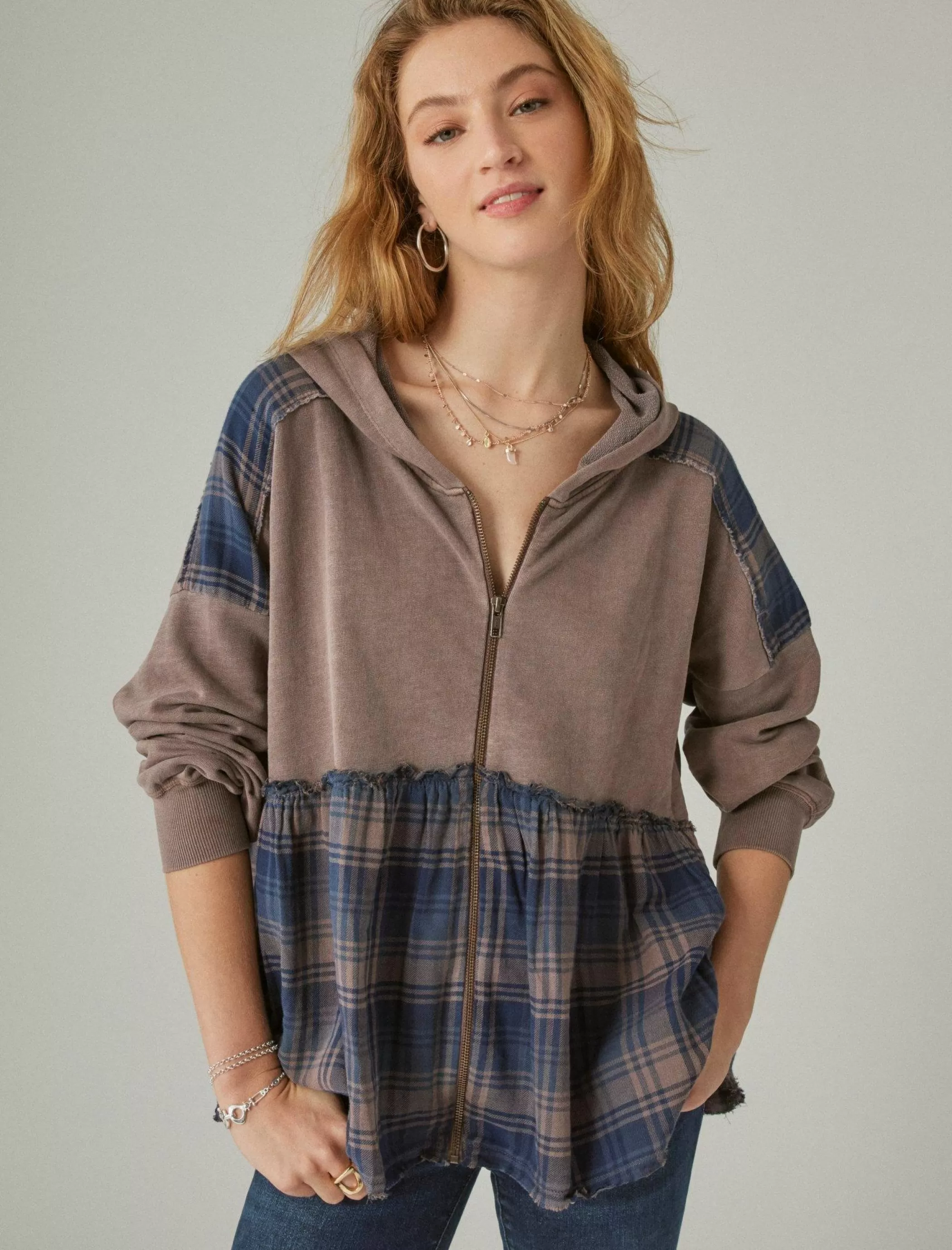 Lucky Brand Activewear*french terry plaid zip up hoodie peppercorn