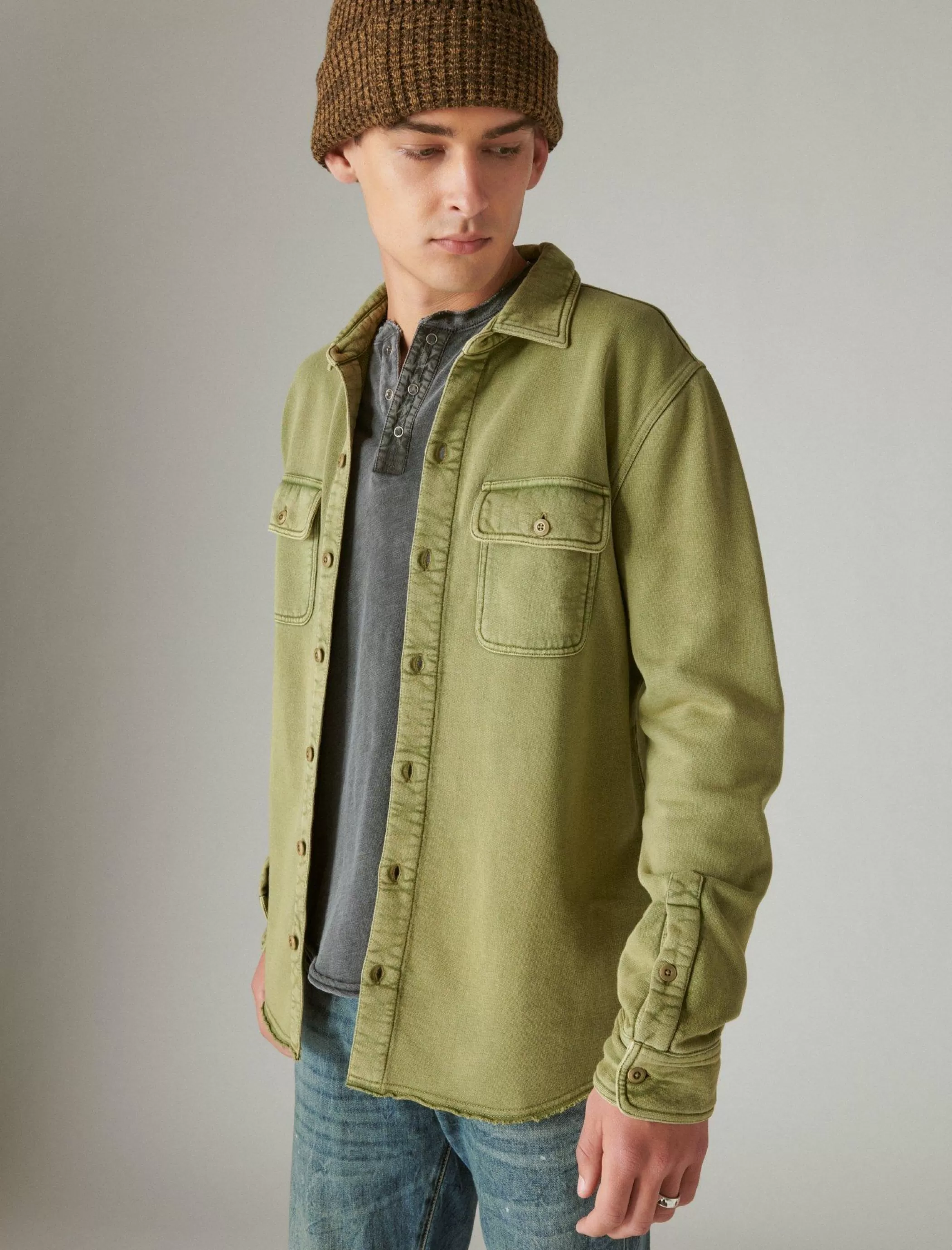 Lucky Brand Activewear*french terry utility shirt #3687 army green