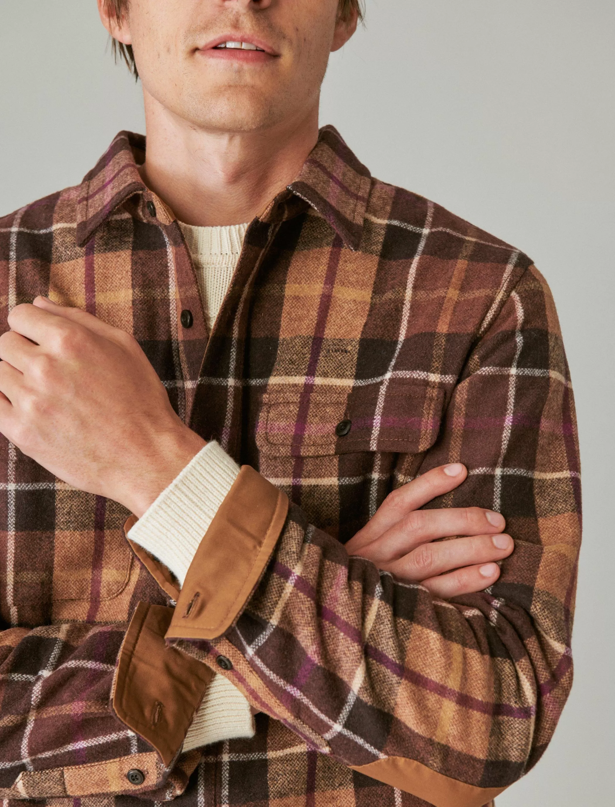 Lucky Brand Button-Downs*guinness wool plaid over shirt with elbow patch brown plaid