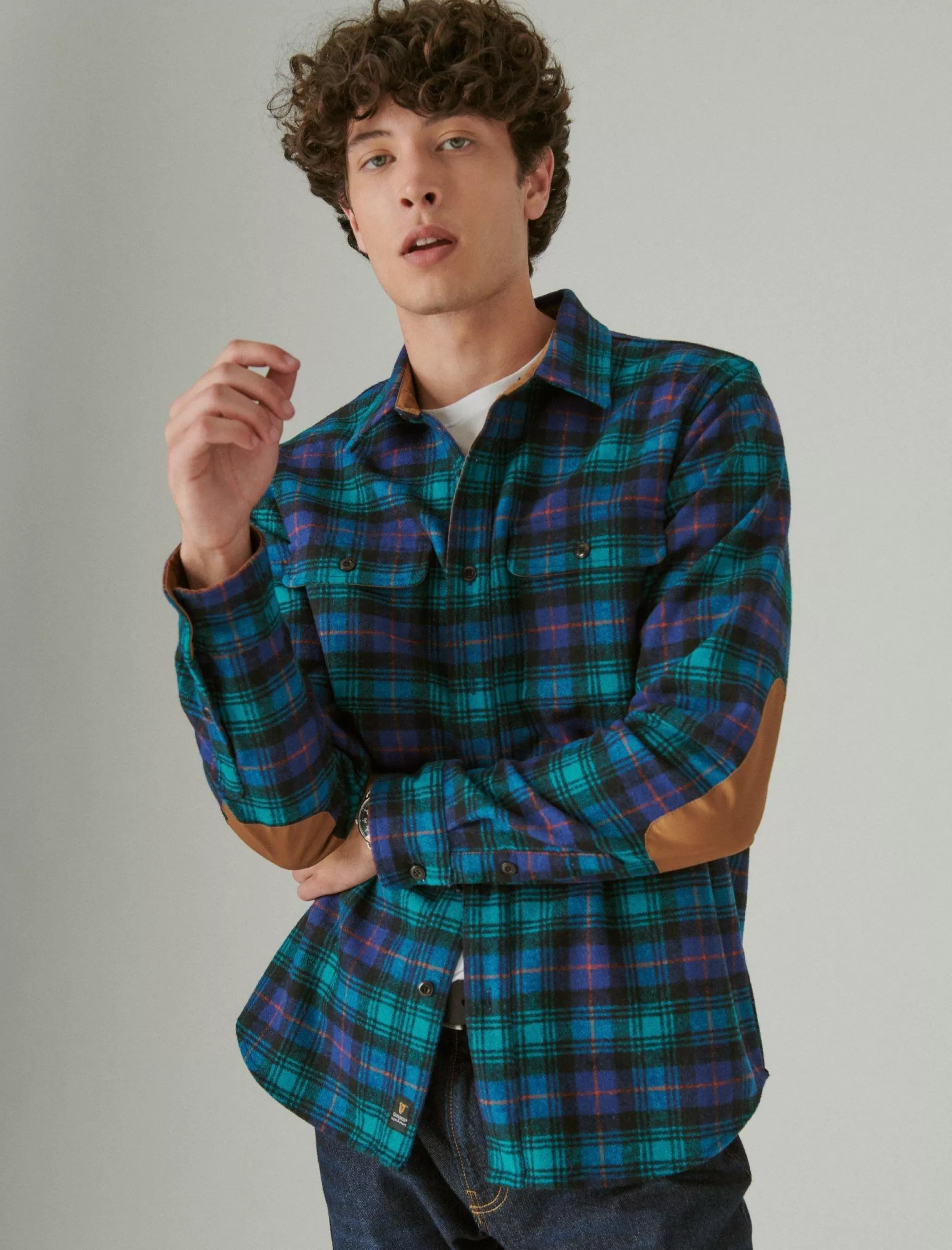 Lucky Brand Button-Downs*guinness wool plaid over shirt with elbow patch green plaid