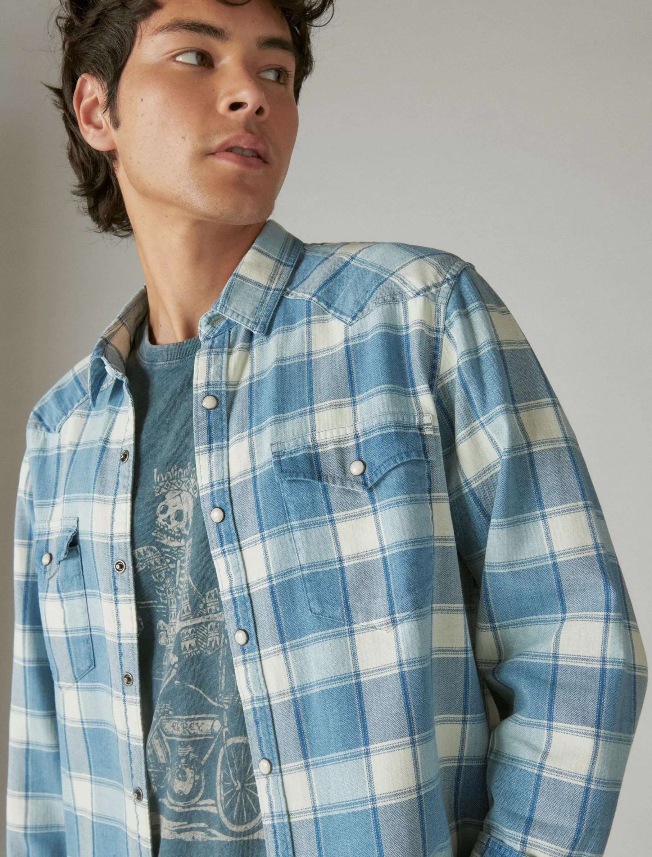 Lucky Brand Button-Downs* western long sleeve shirt indigo plaid