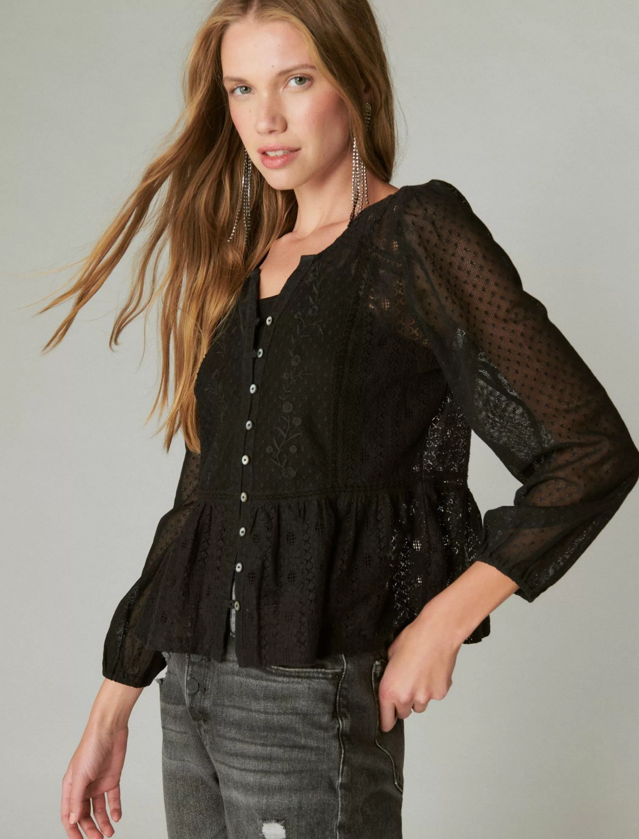 Lucky Brand Blouses*lace date night top caviar