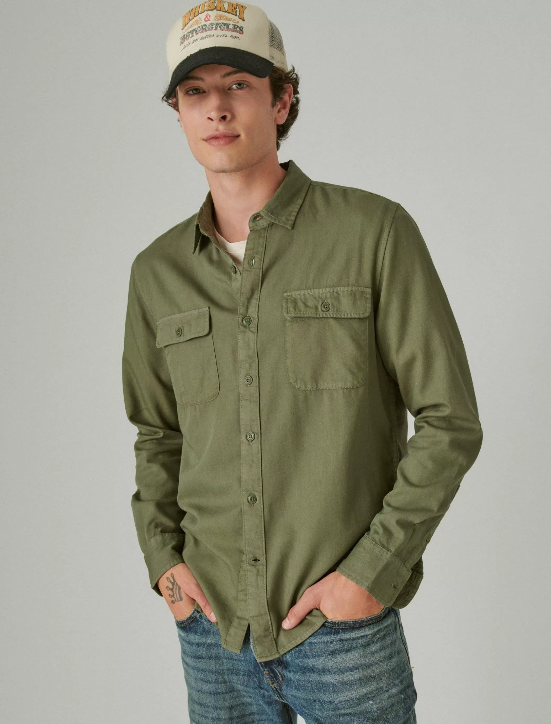 Lucky Brand Button-Downs*lived-in long sleeve utility shirt deep lichen green