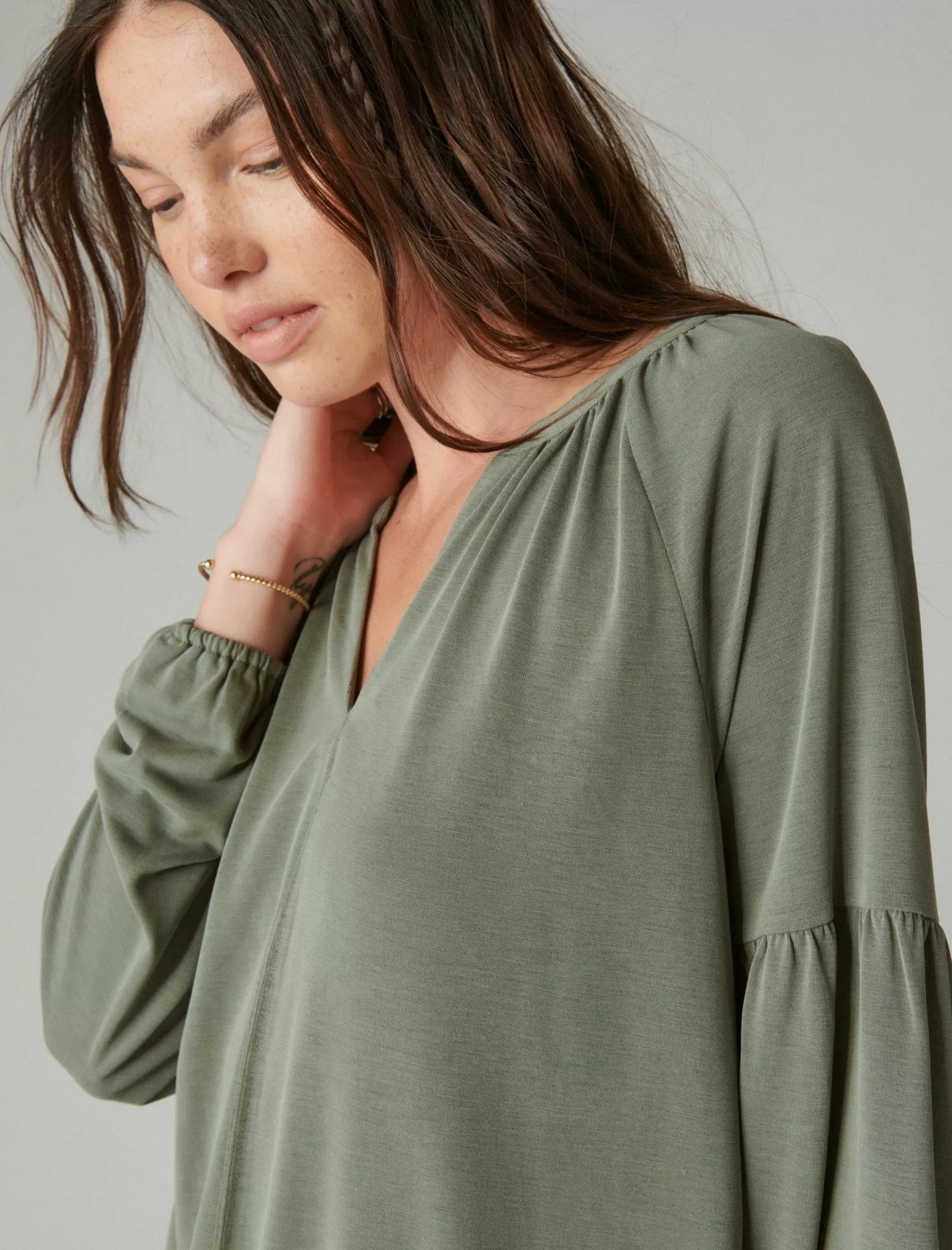 Lucky Brand Knit Tops*long sleeve notched neck sandwash top dusty olive