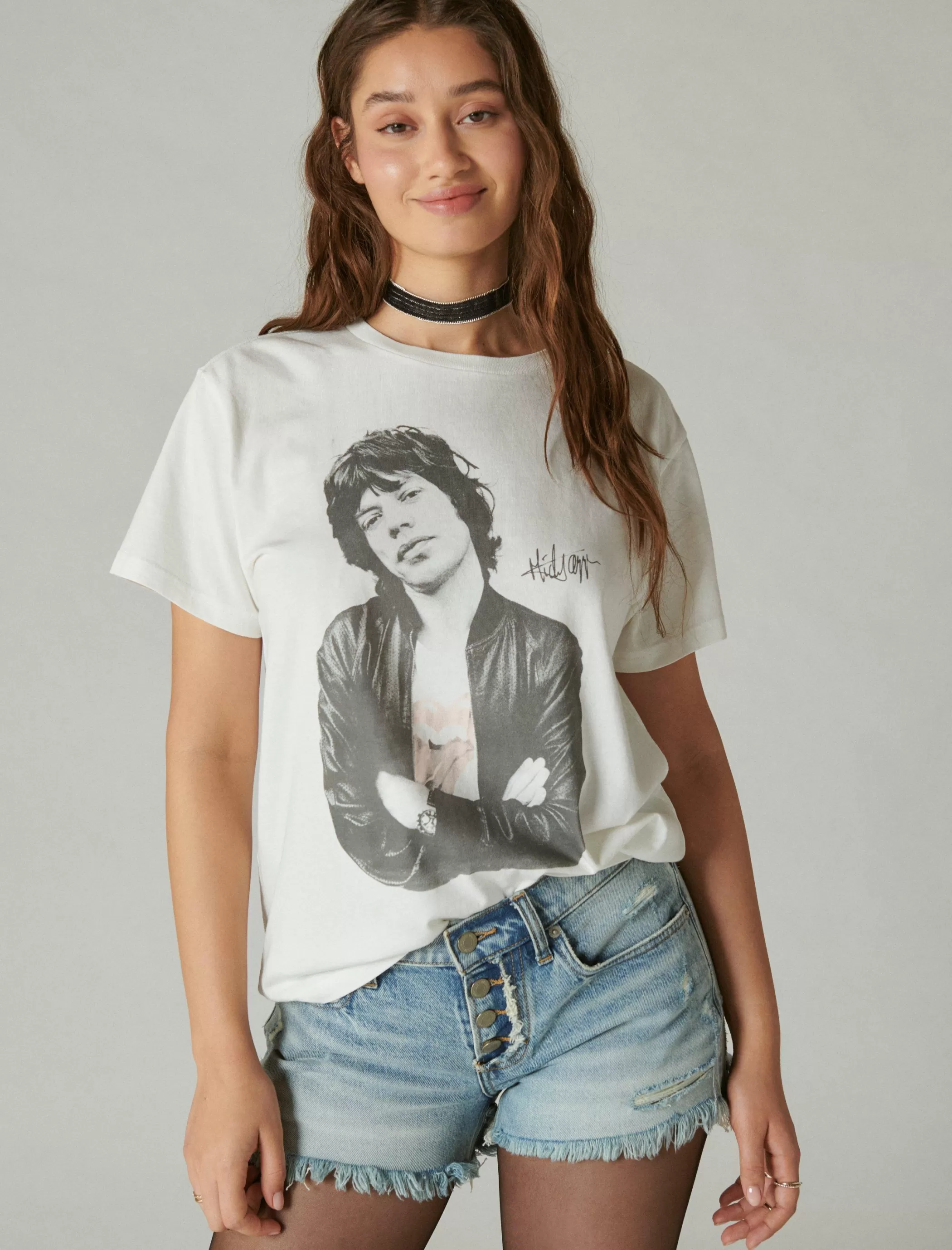 Lucky Brand Graphic Tees*mick jagger photo boyfriend tee bright white