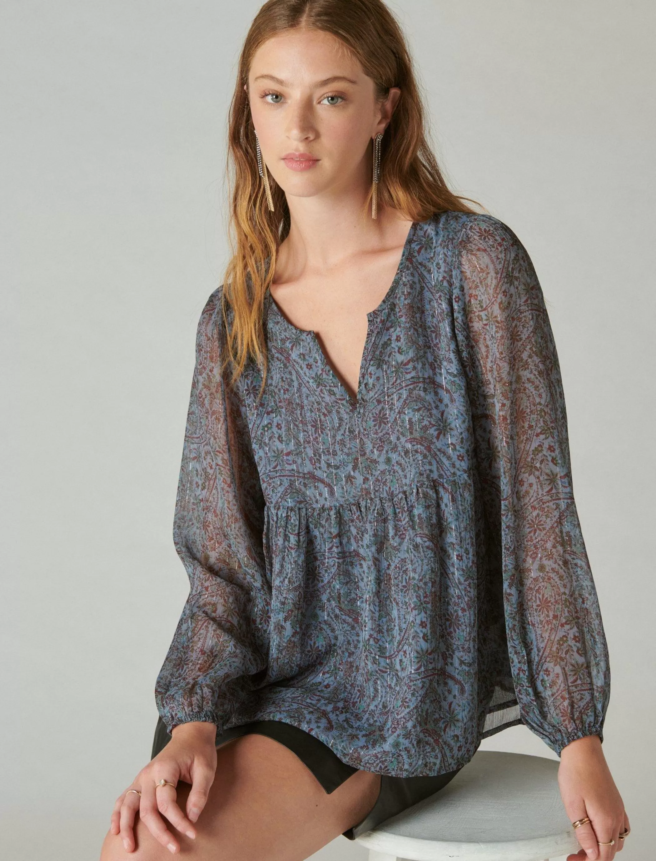 Lucky Brand Blouses*open neck printed peasant top blue multi