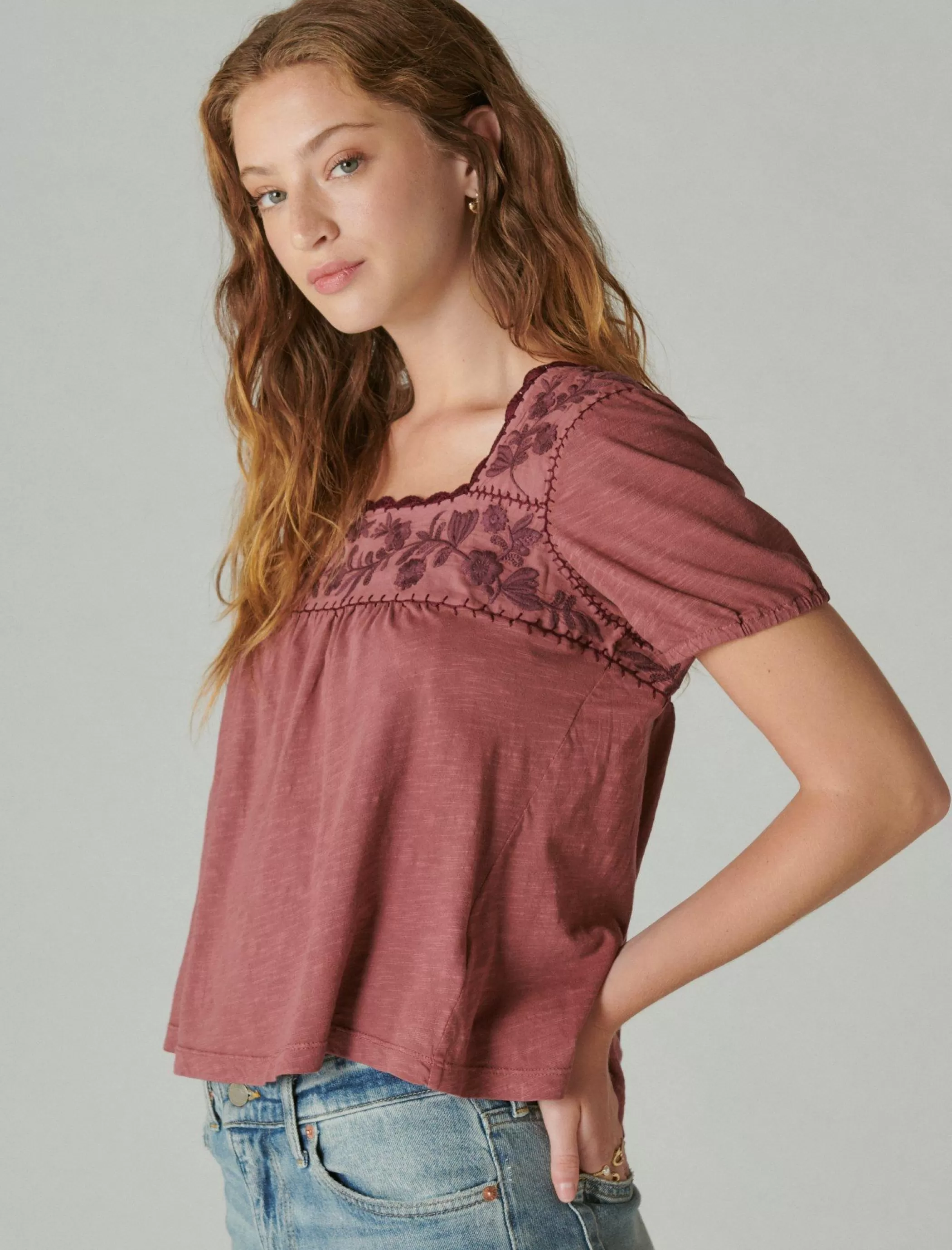 Lucky Brand Blouses*overdyed embroidered peasant top apple butter