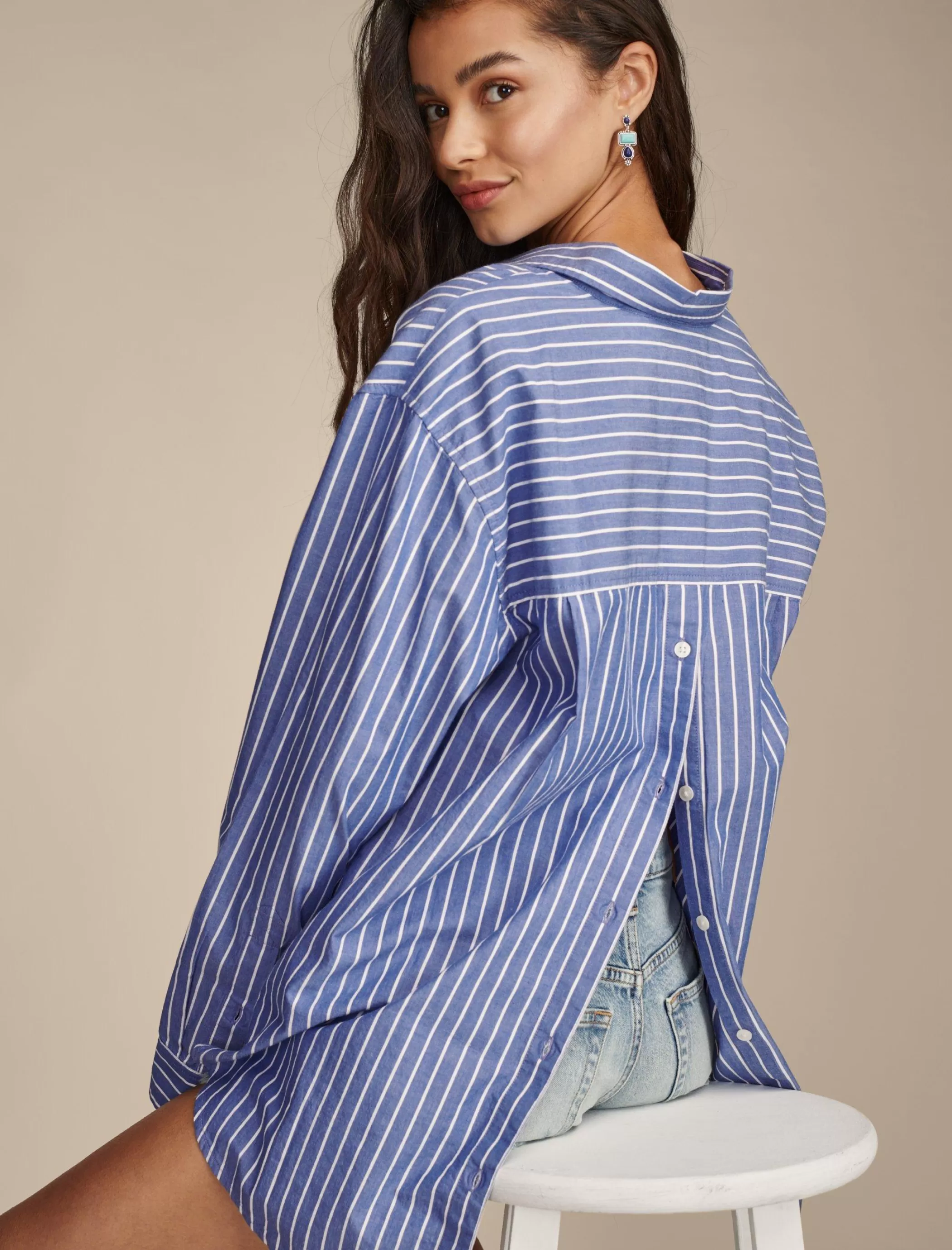 Lucky Brand Blouses*oversized button back top blue stripe