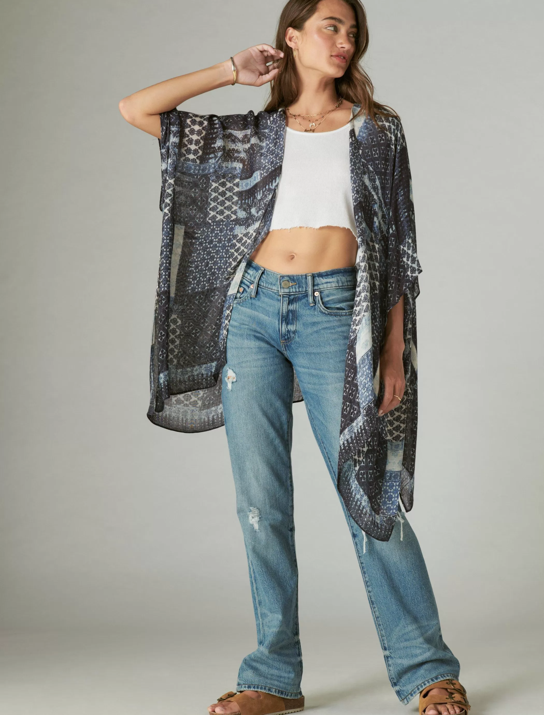 Lucky Brand Kimonos*patchwork lightweight kimono indigo multi