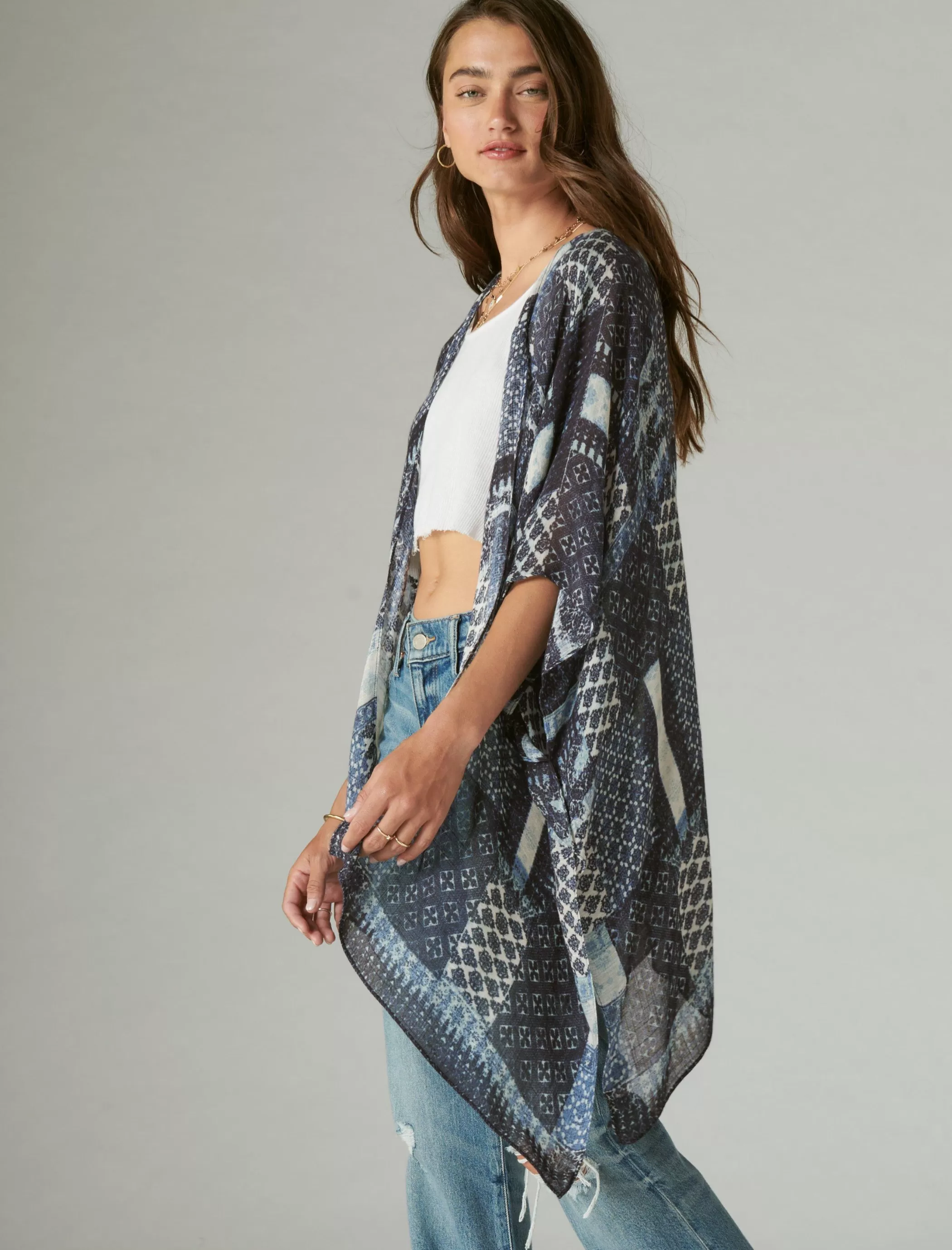 Lucky Brand Kimonos*patchwork lightweight kimono indigo multi