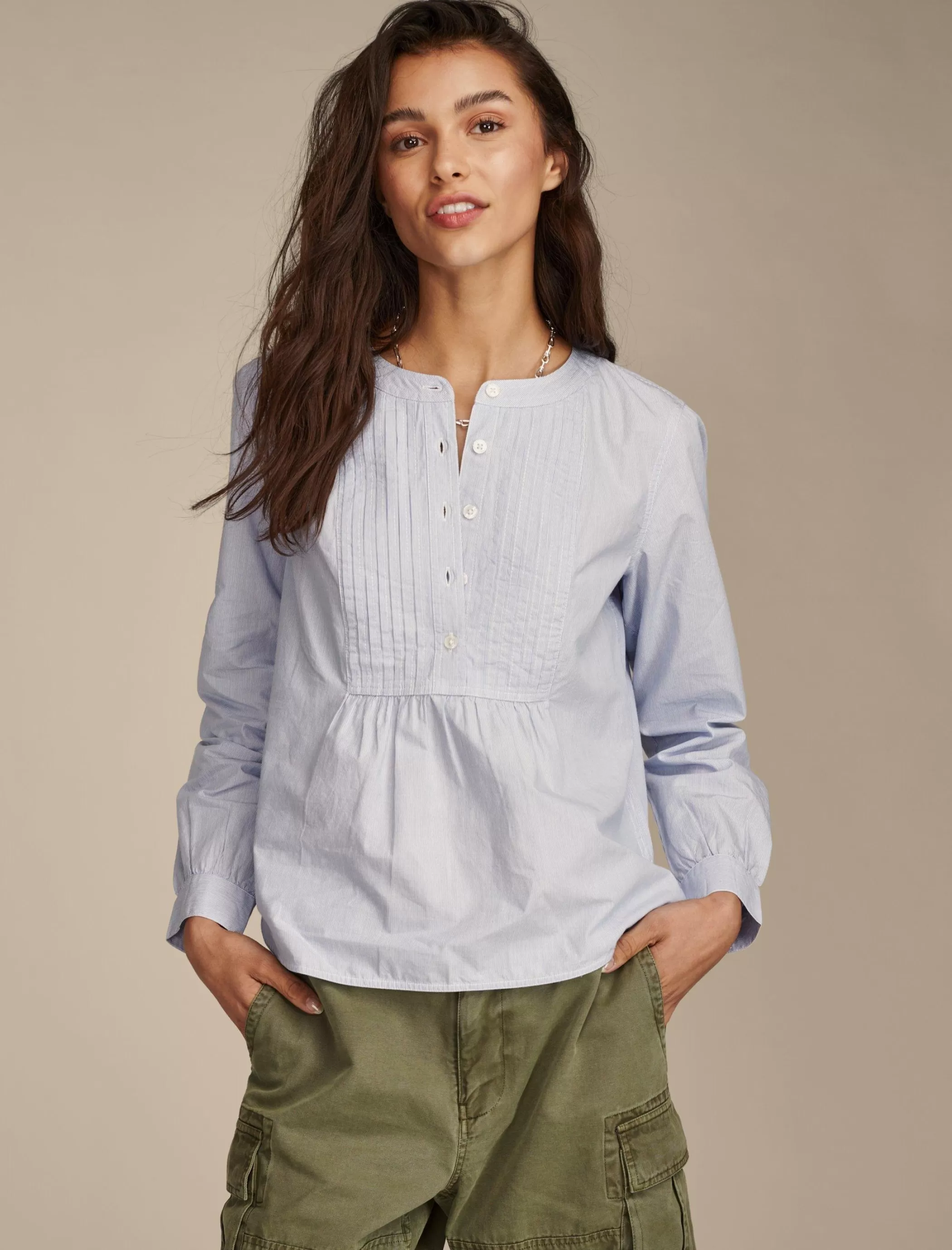 Lucky Brand Blouses*pintuck bib blouse blue stripe