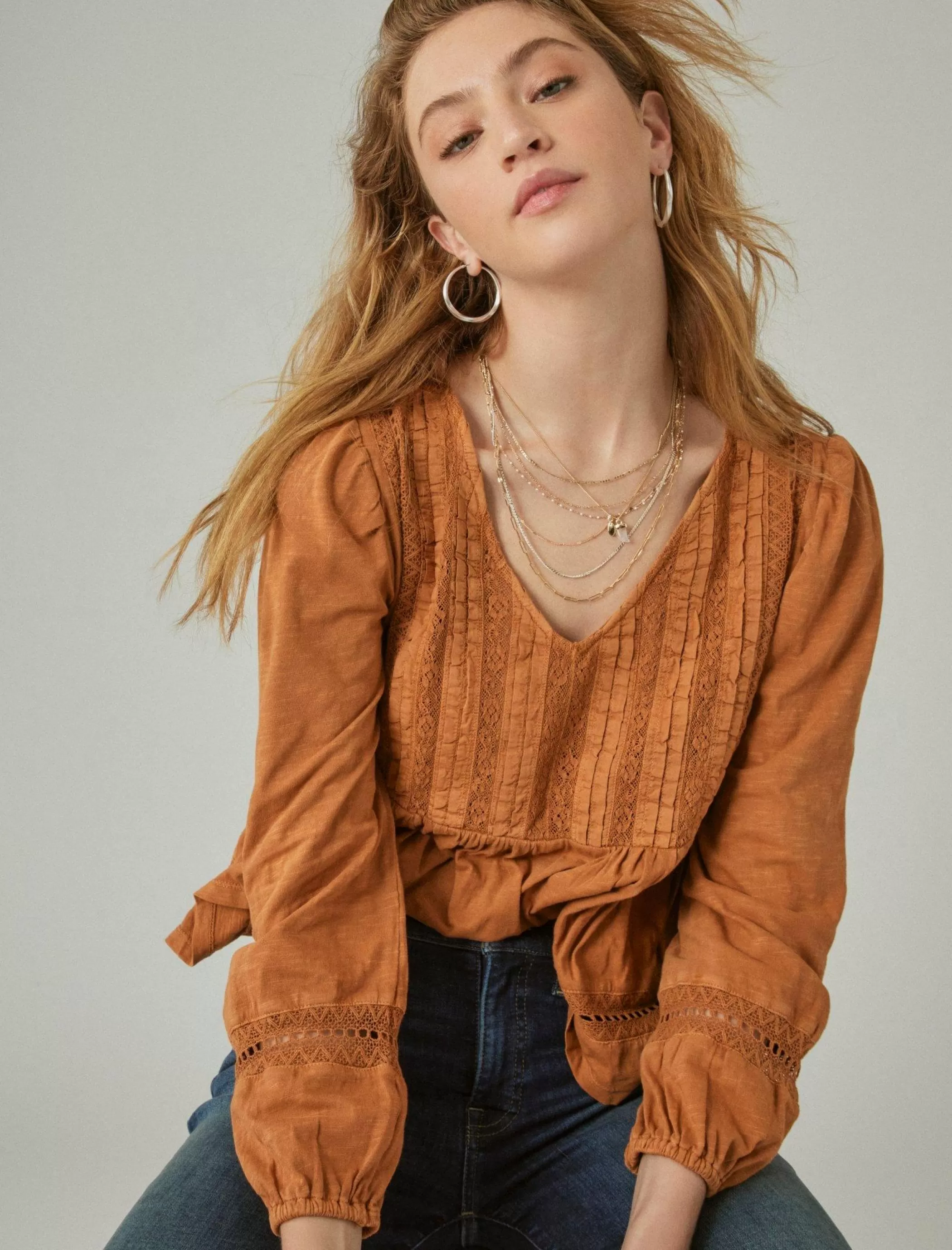 Lucky Brand Knit Tops*pintuck lace long sleeve top glazed ginger