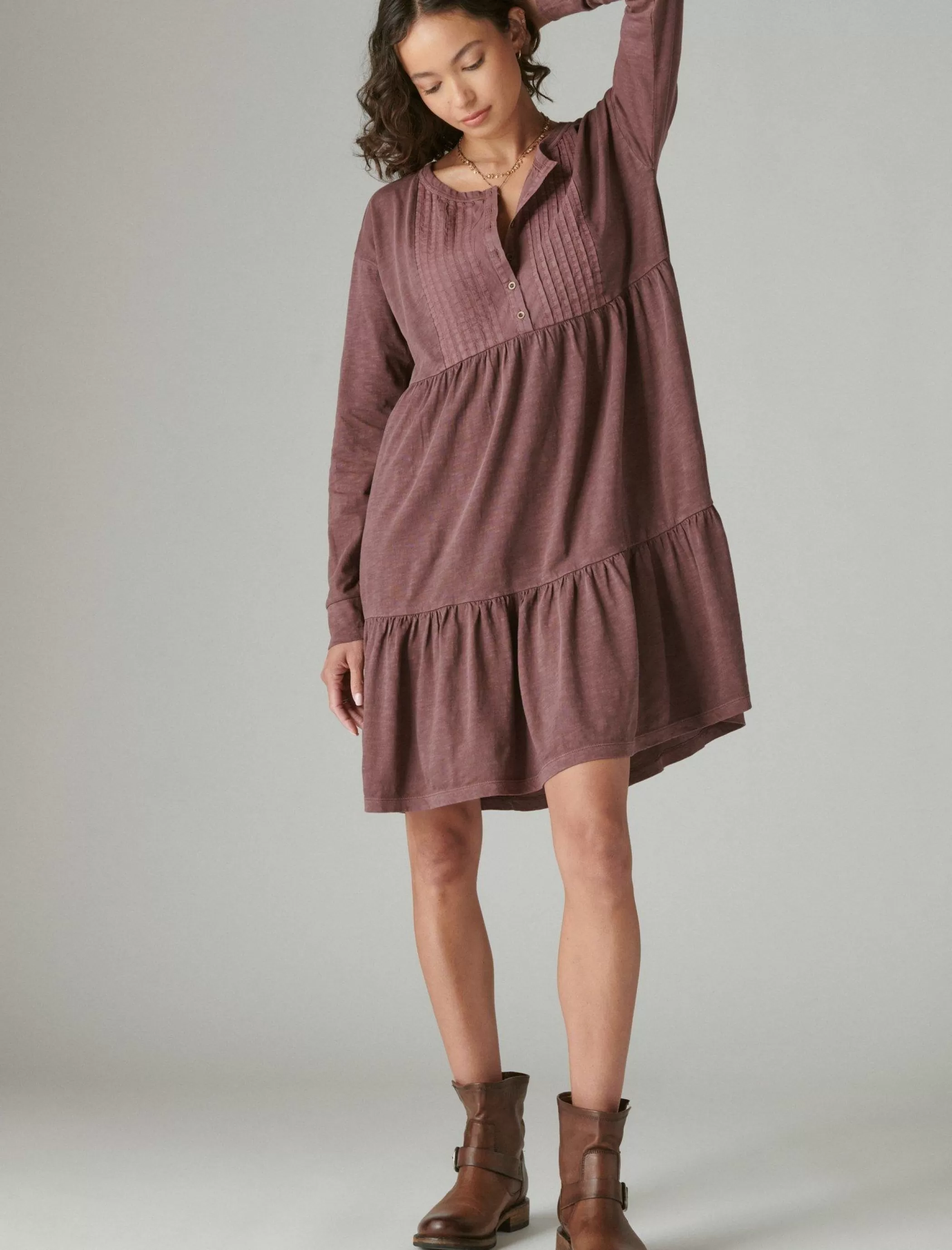 Lucky Brand Dresses*pintuck tiered knit henley dress huckleberry