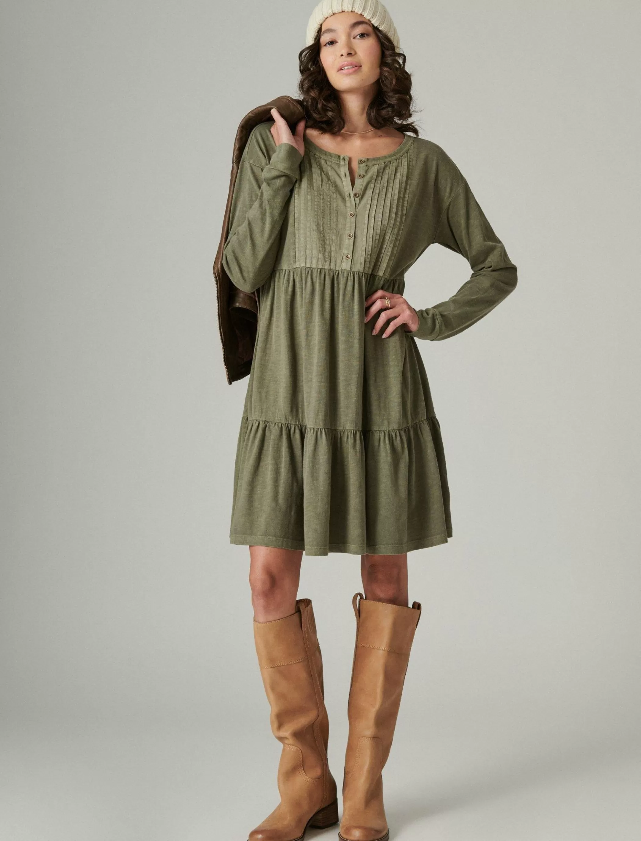 Lucky Brand Dresses*pintuck tiered knit henley dress dusty olive