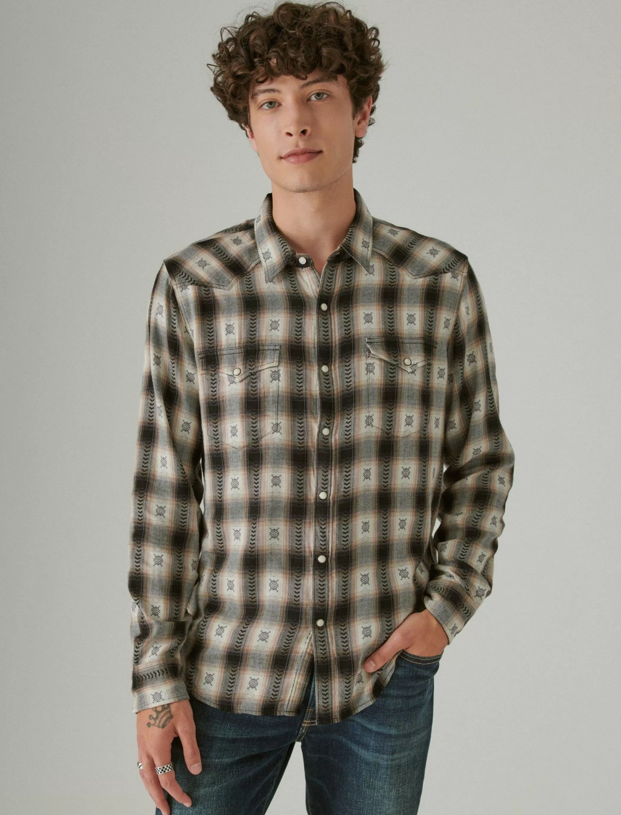 Lucky Brand Button-Downs*plaid dobby western long sleeve shirt black dobby plaid