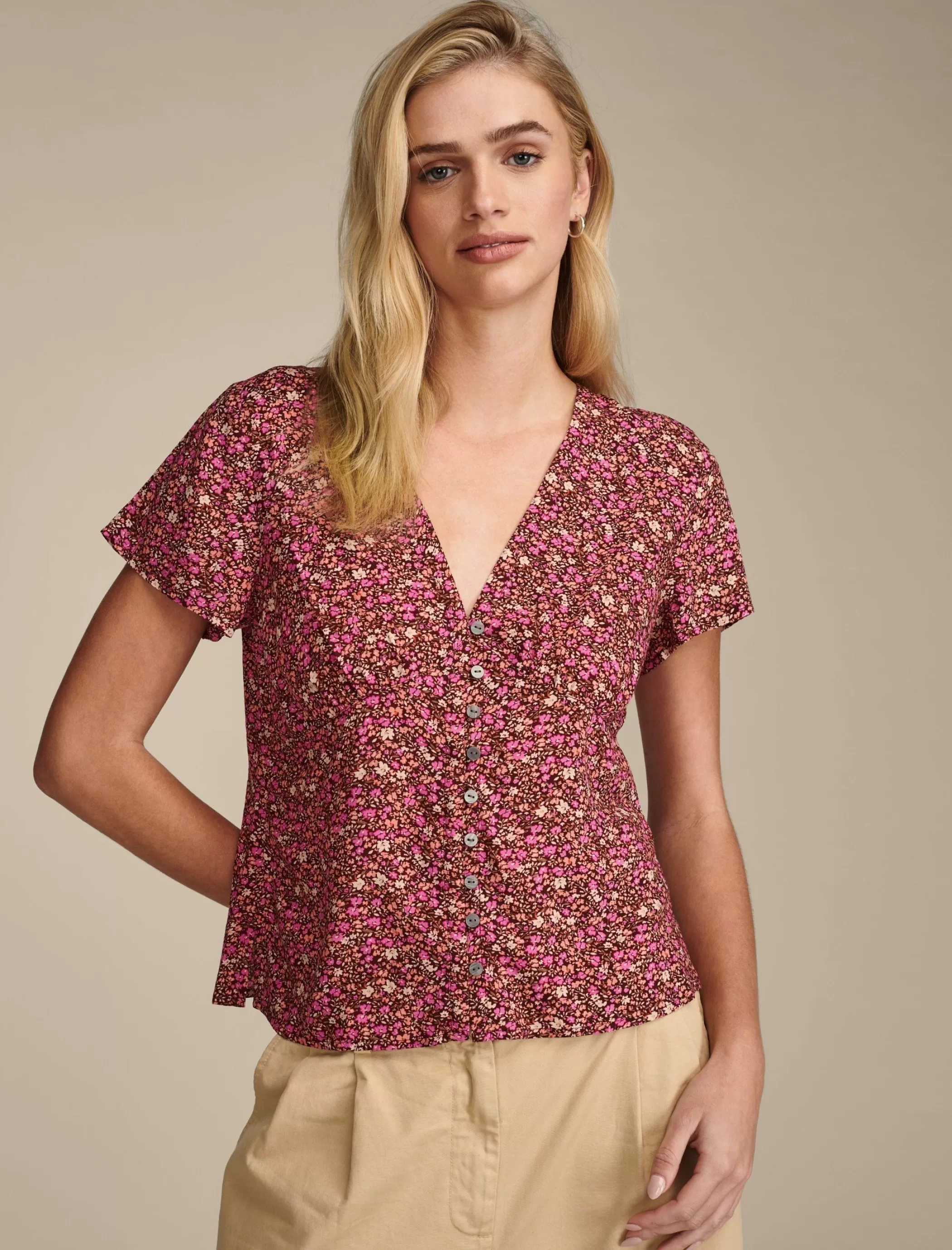 Lucky Brand Blouses*printed button front top rum raisin