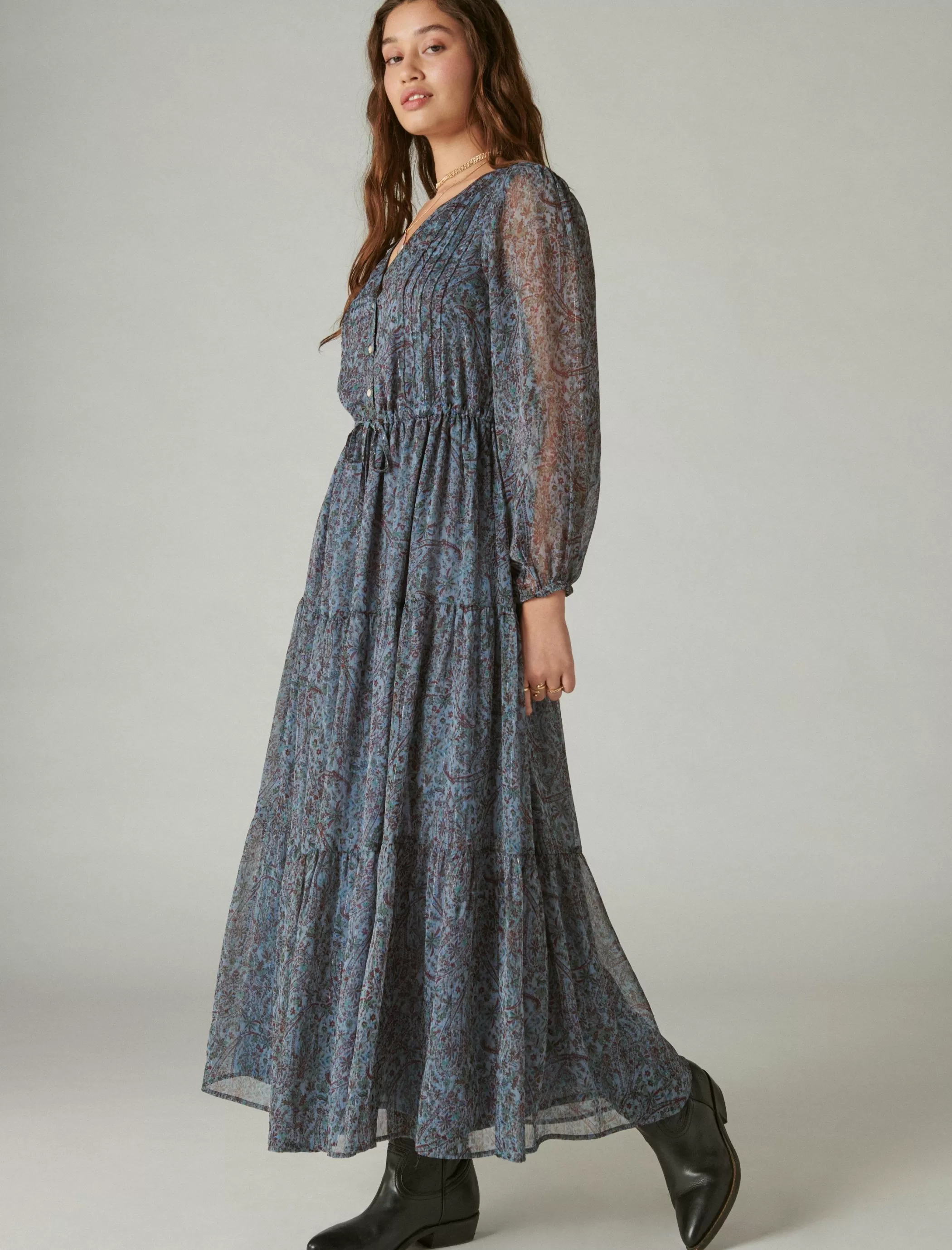 Lucky Brand Dresses*printed shine chiffon maxi dress flint stone multi