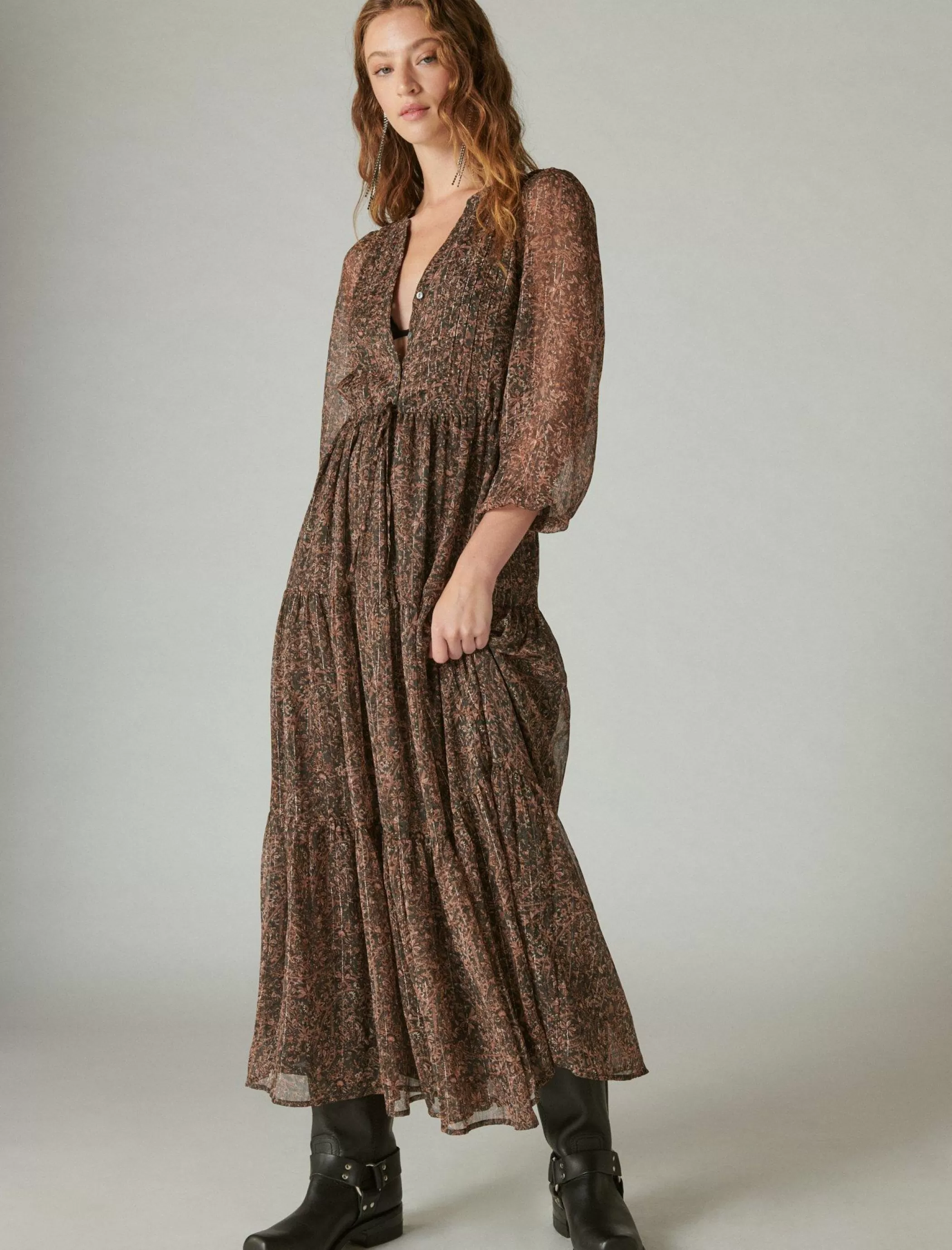 Lucky Brand Dresses*printed shine chiffon maxi dress asphalt multi