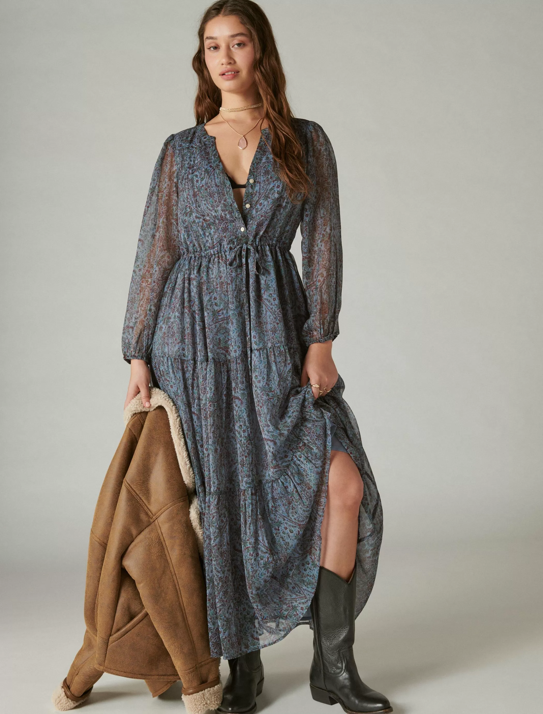 Lucky Brand Dresses*printed shine chiffon maxi dress flint stone multi