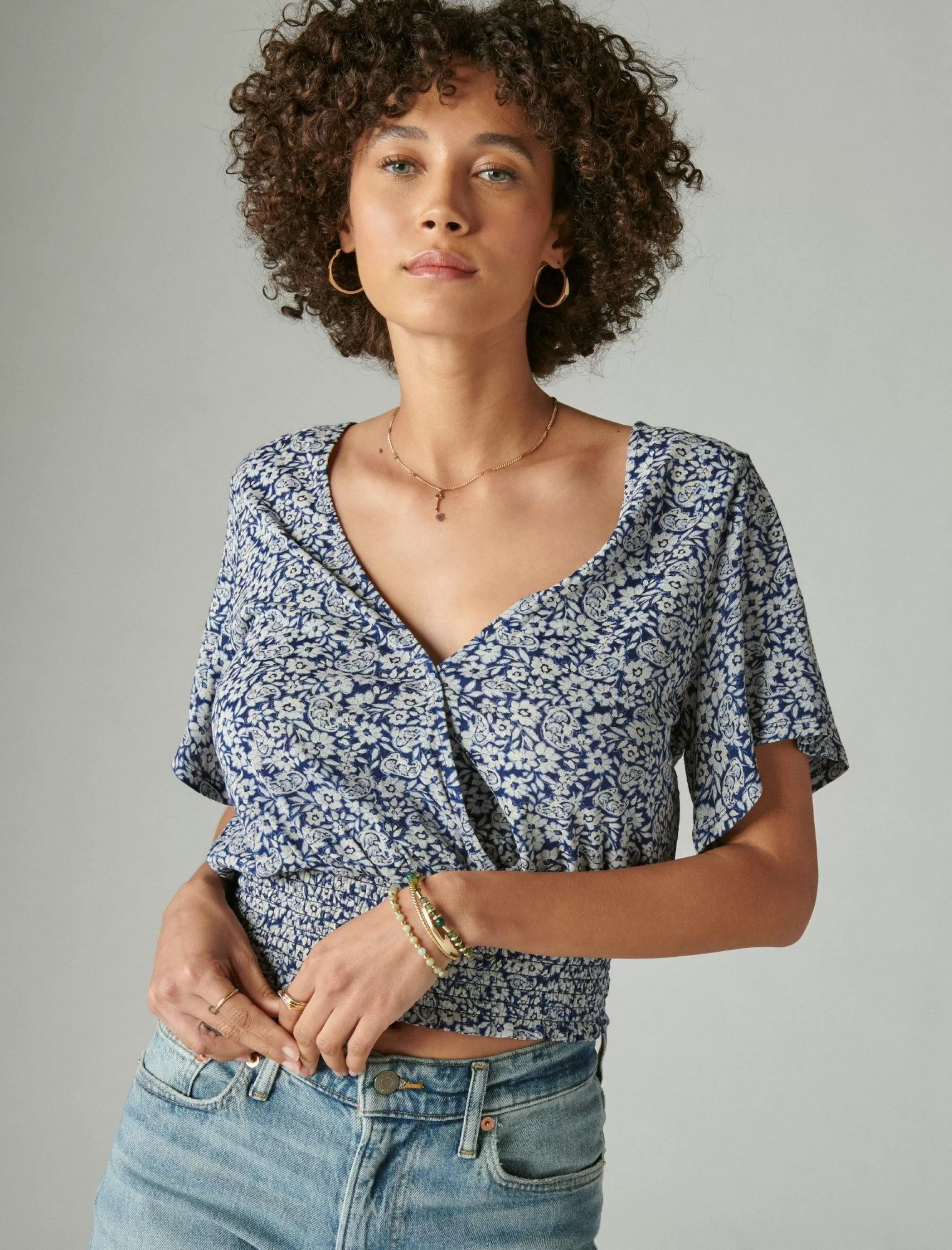 Lucky Brand Knit Tops*printed surplice top blue multi