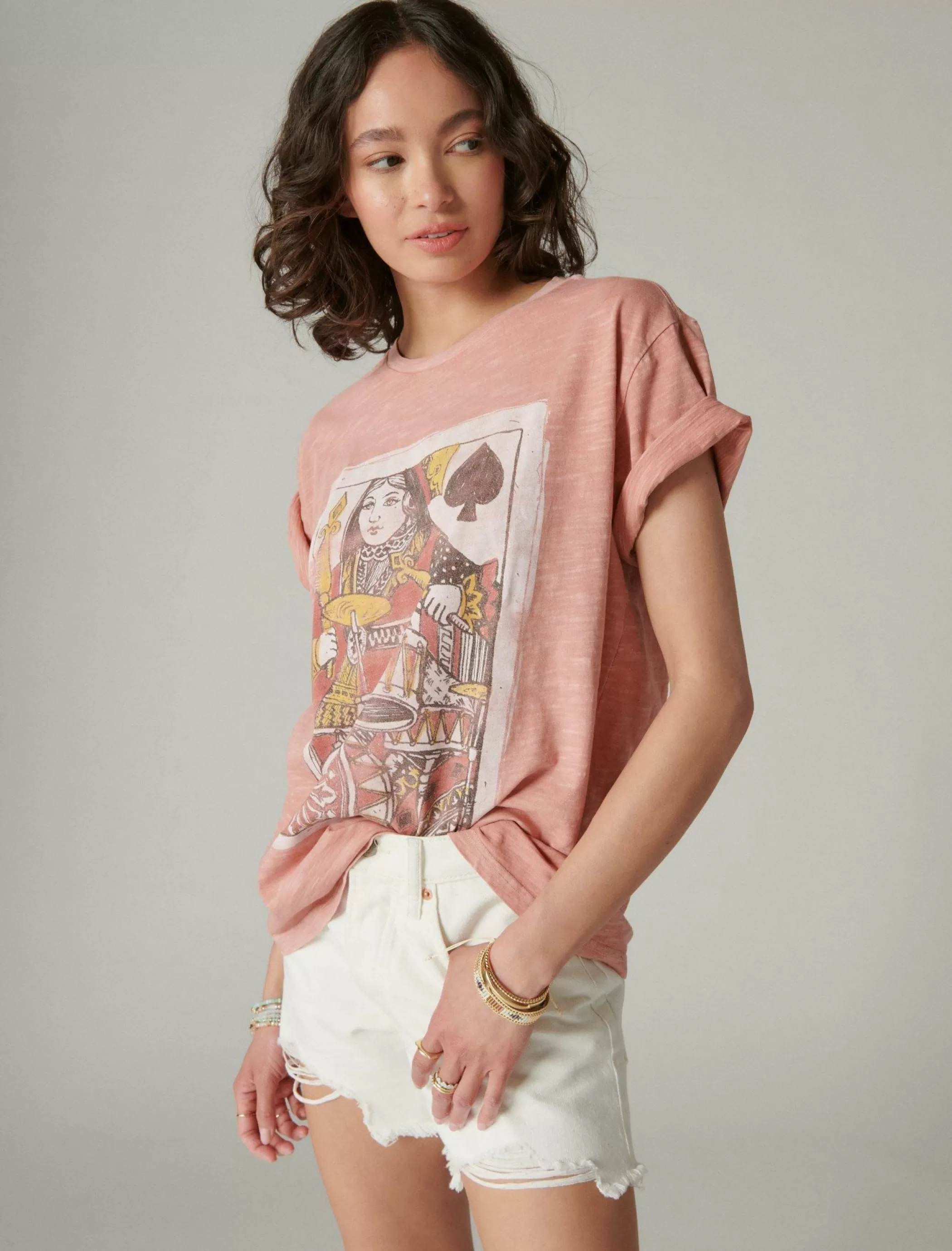 Lucky Brand Graphic Tees*queen of spades boyfriend tee ash rose