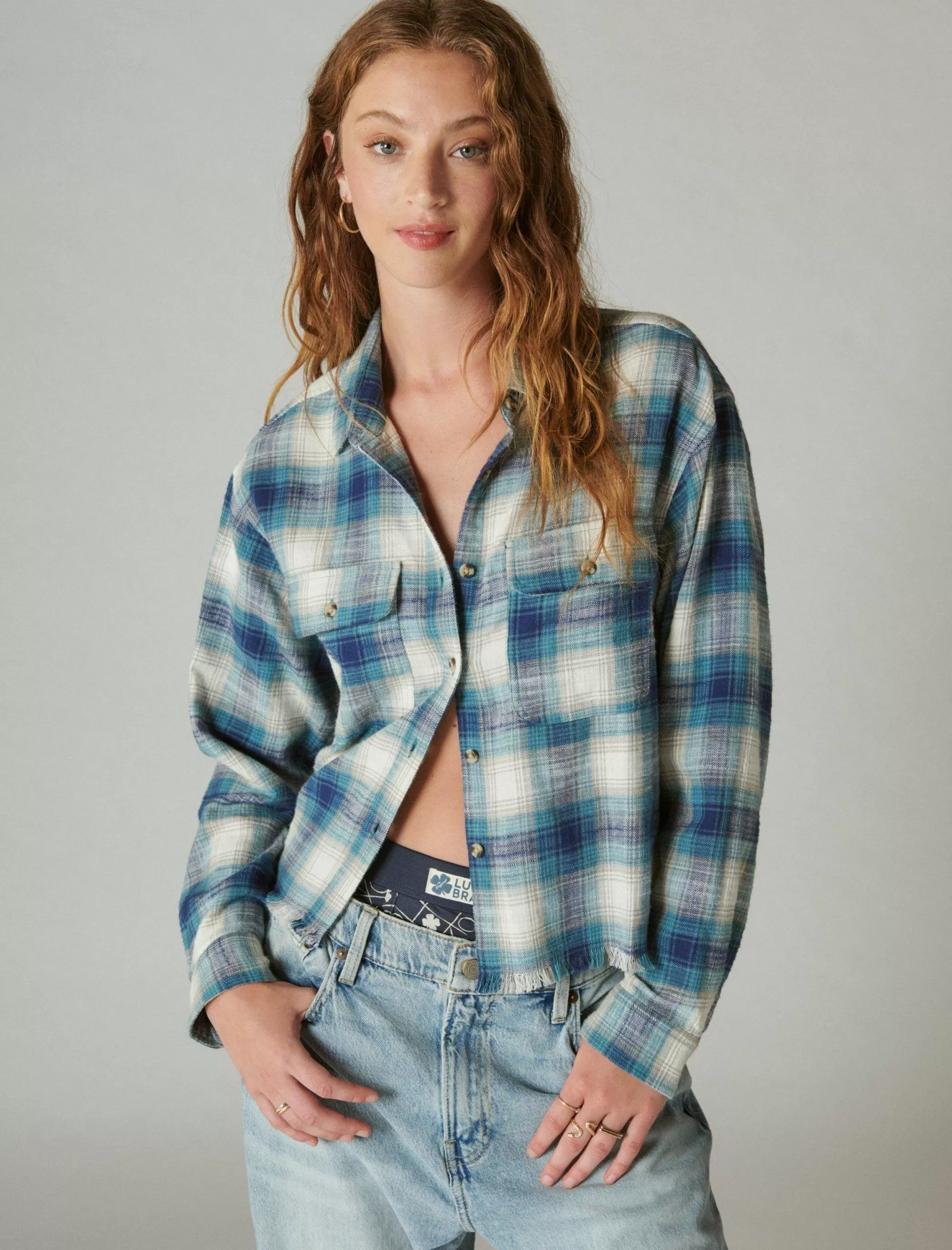 Lucky Brand Blouses*raw edge cropped plaid teal plaid