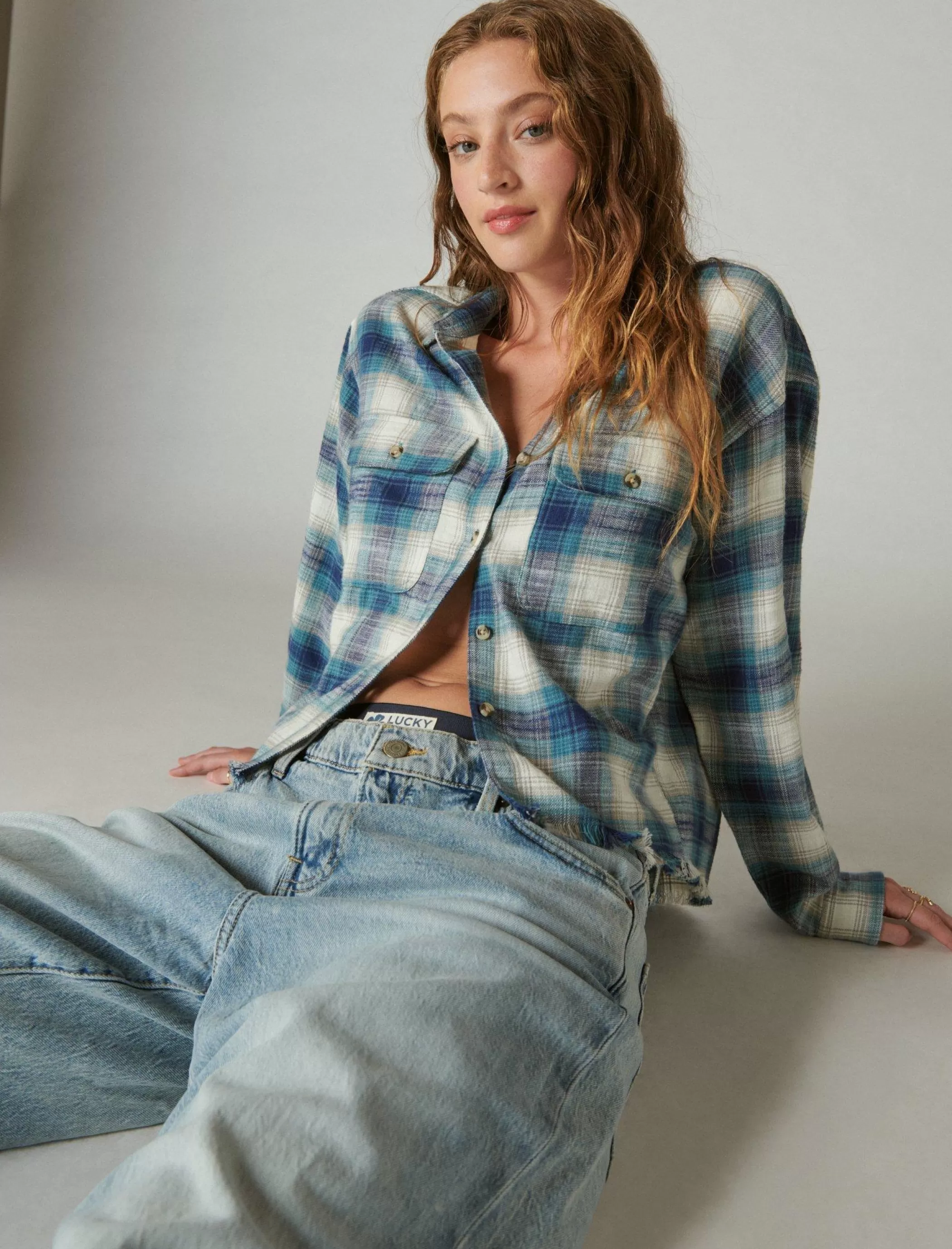 Lucky Brand Blouses*raw edge cropped plaid teal plaid