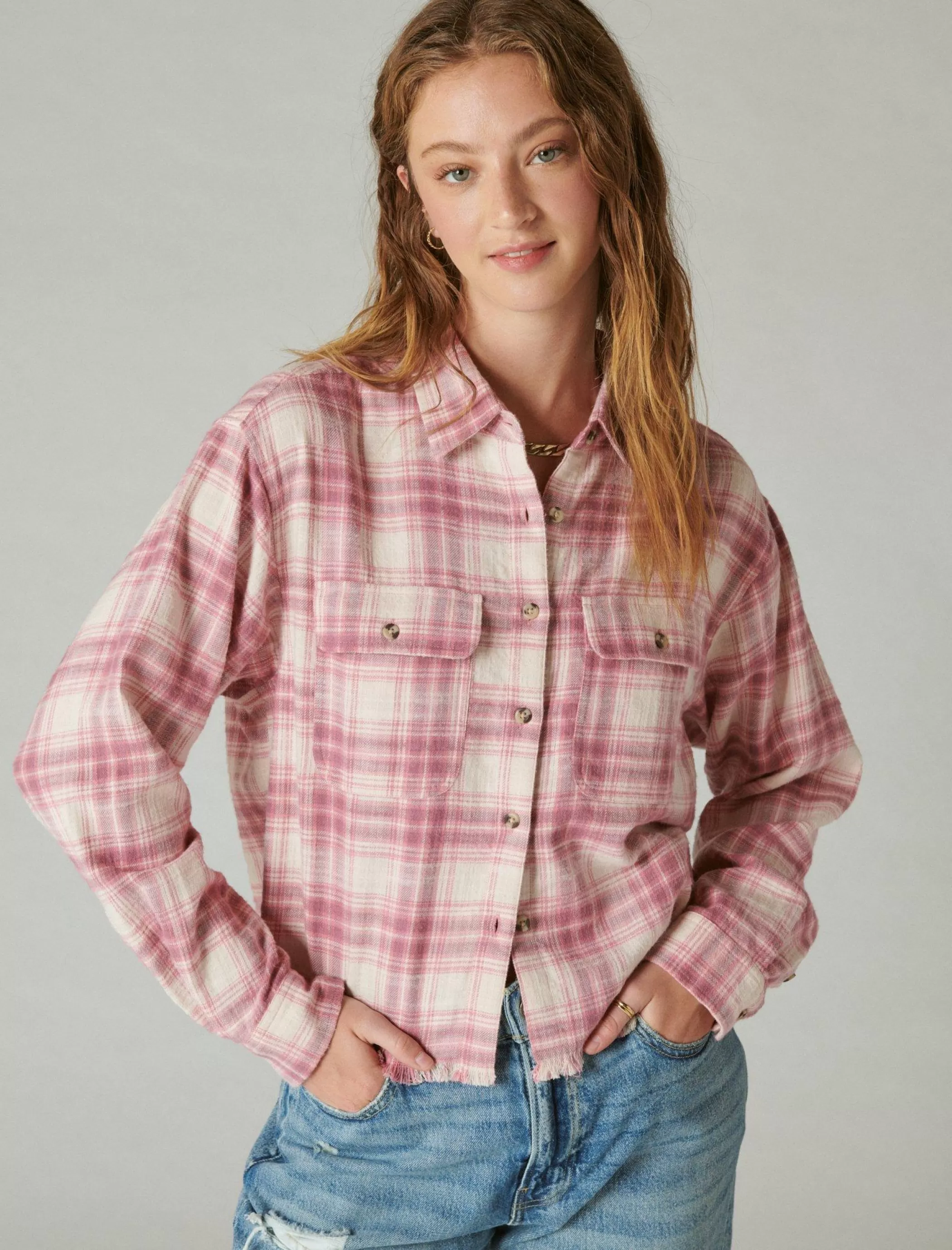 Lucky Brand Blouses*raw edge cropped plaid pink blush plaid