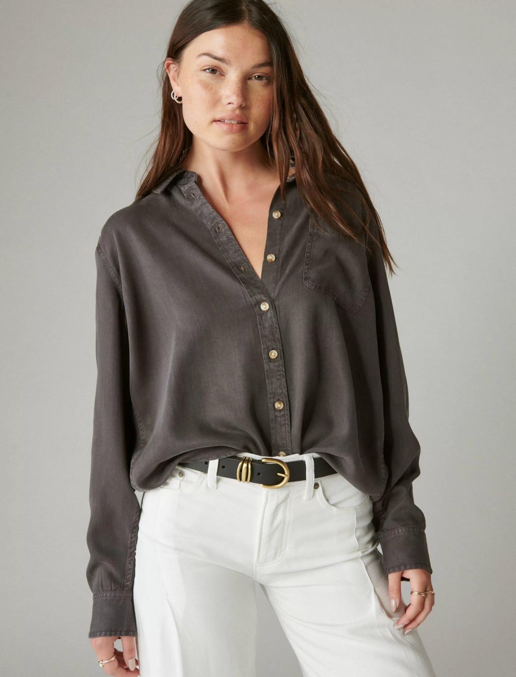 Lucky Brand Blouses*solid boyfriend button down shirt grey