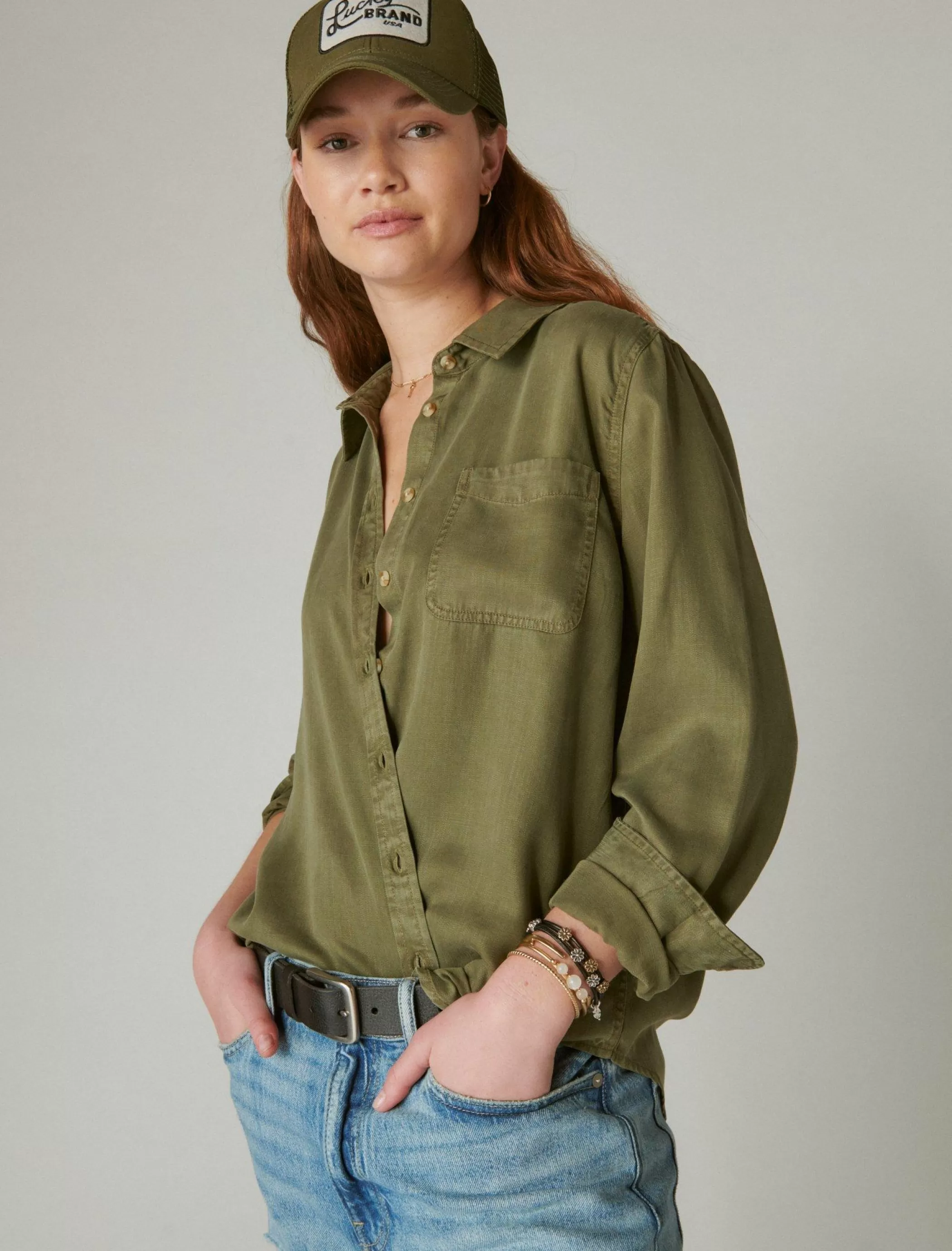 Lucky Brand Blouses*solid boyfriend button down shirt olive