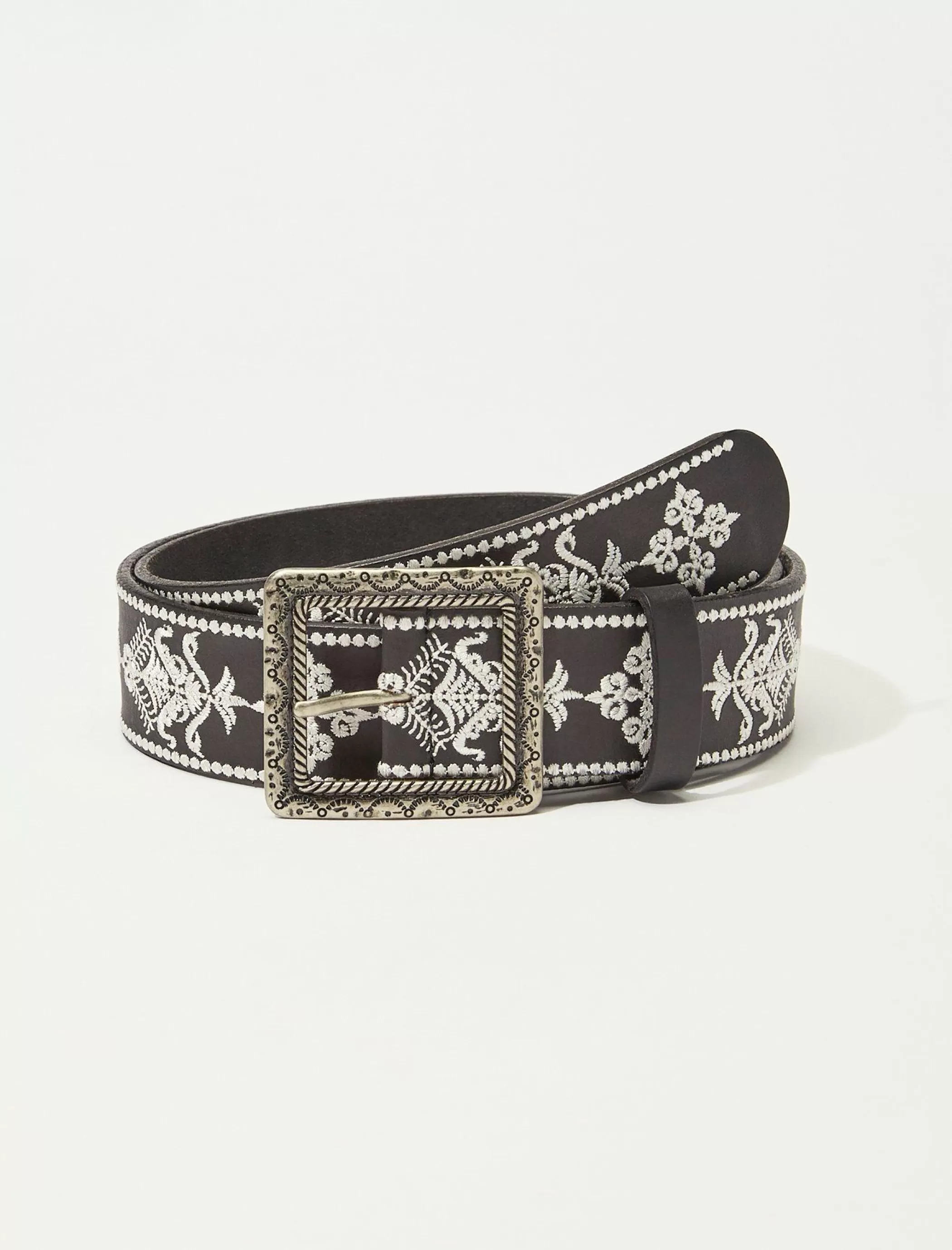 Lucky Brand Belts*square buckle embroidered belt black