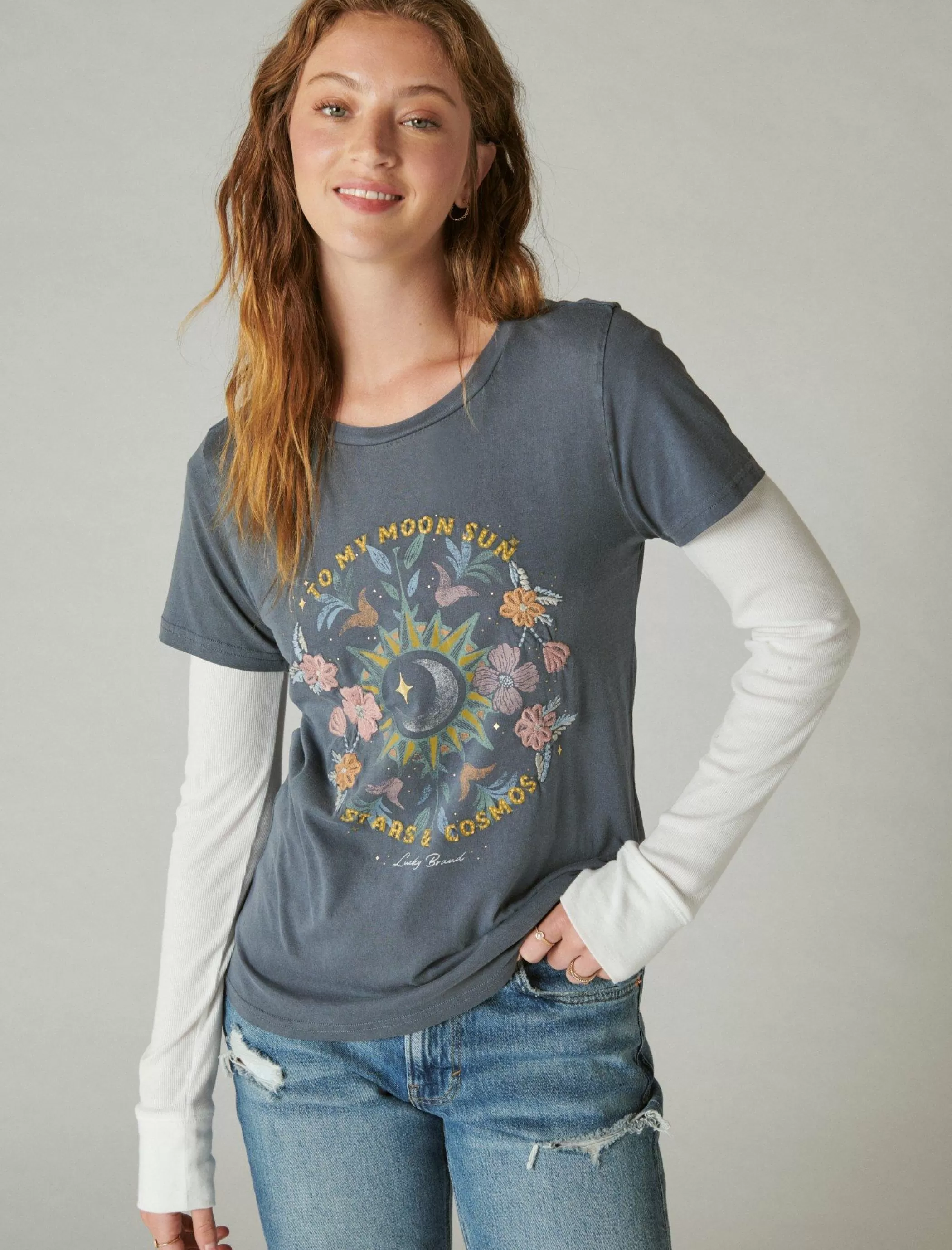 Lucky Brand Graphic Tees*stars and cosmos classic crew black iris