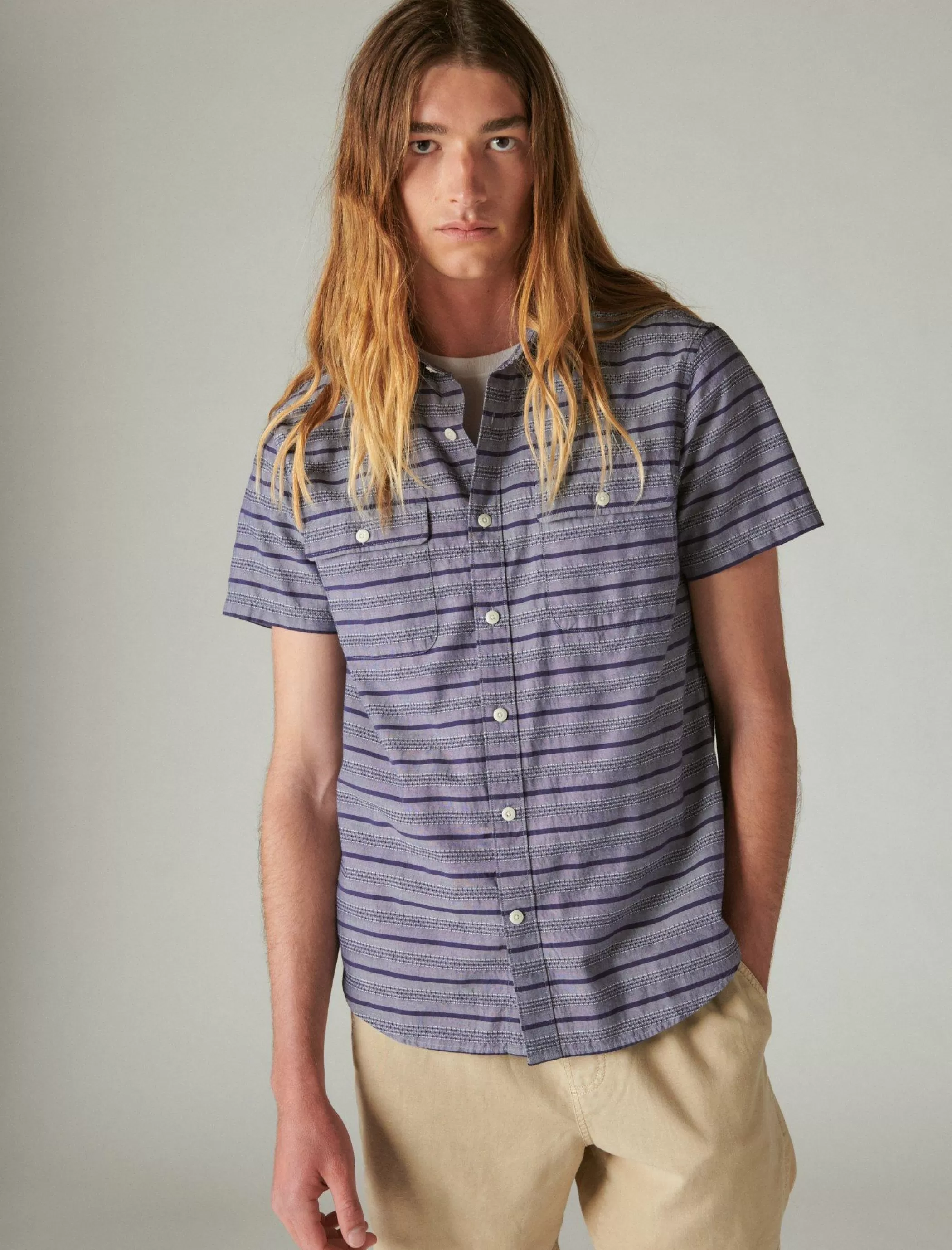 Lucky Brand Button-Downs*striped short sleeve utility shirt blue stripe