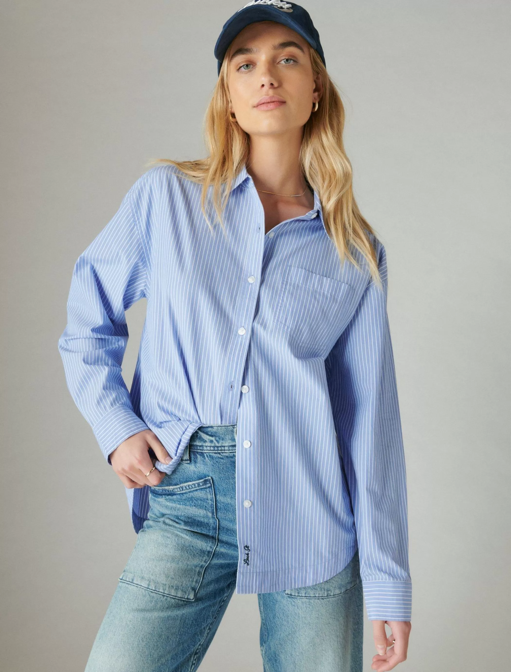 Lucky Brand Blouses*the oversized poplin button down blue stripe