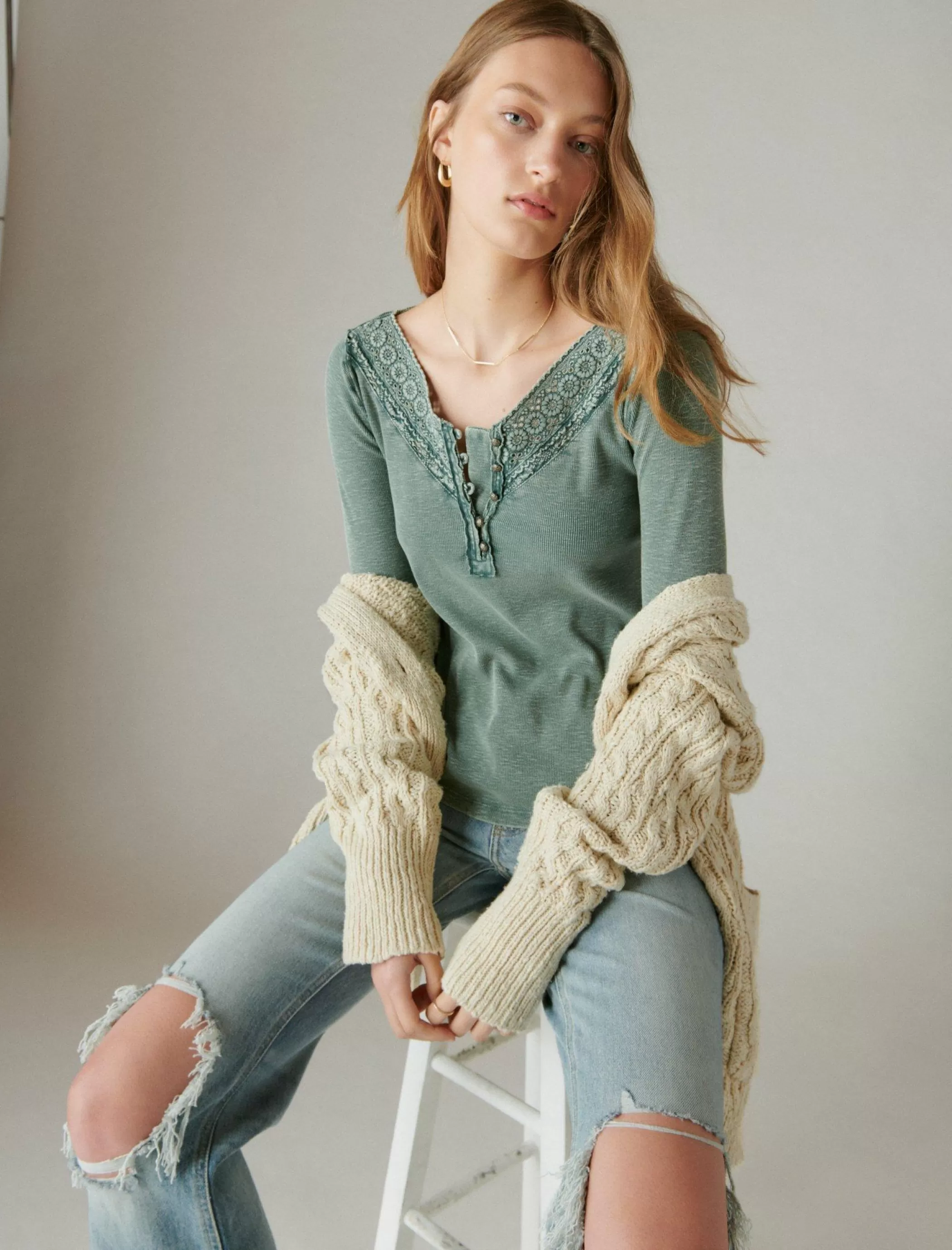 Lucky Brand Knit Tops*trim mix henley balsam green